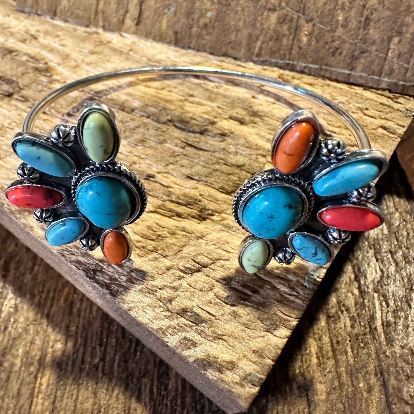 Southwestern-Inspired Bohemian Open Bangle with Multicolor Stones, Gift-Ready Box - Silver Elegant