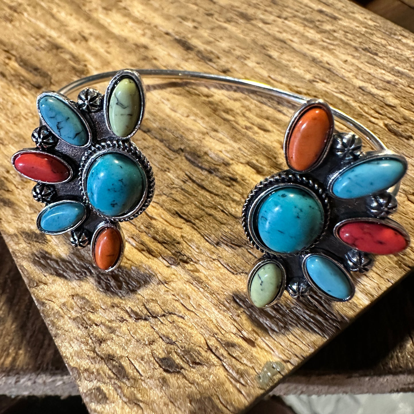 Southwestern-Inspired Bohemian Open Bangle with Multicolor Stones, Gift-Ready Box - Silver Elegant