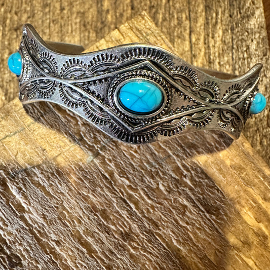 Boho Vintage Southwestern Cowgirl Concho Cuff Bracelet, Turquoise Stone, Gift Box - Silver Elegant