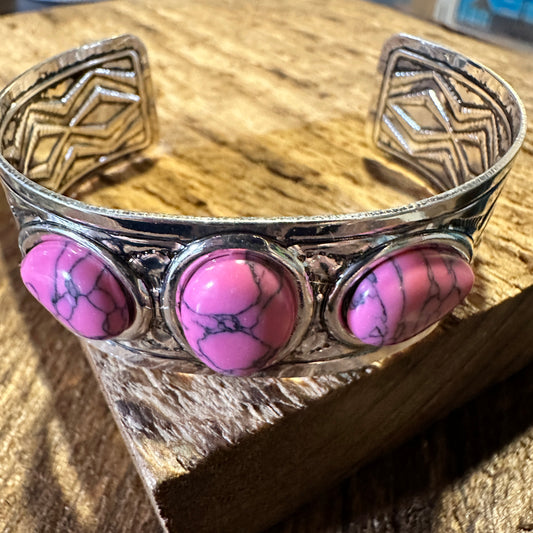 Southwestern Bohemian Vintage Cowgirl Cuff Bracelet with Pink Gemstone, Gift Box Included - Silver Elegant