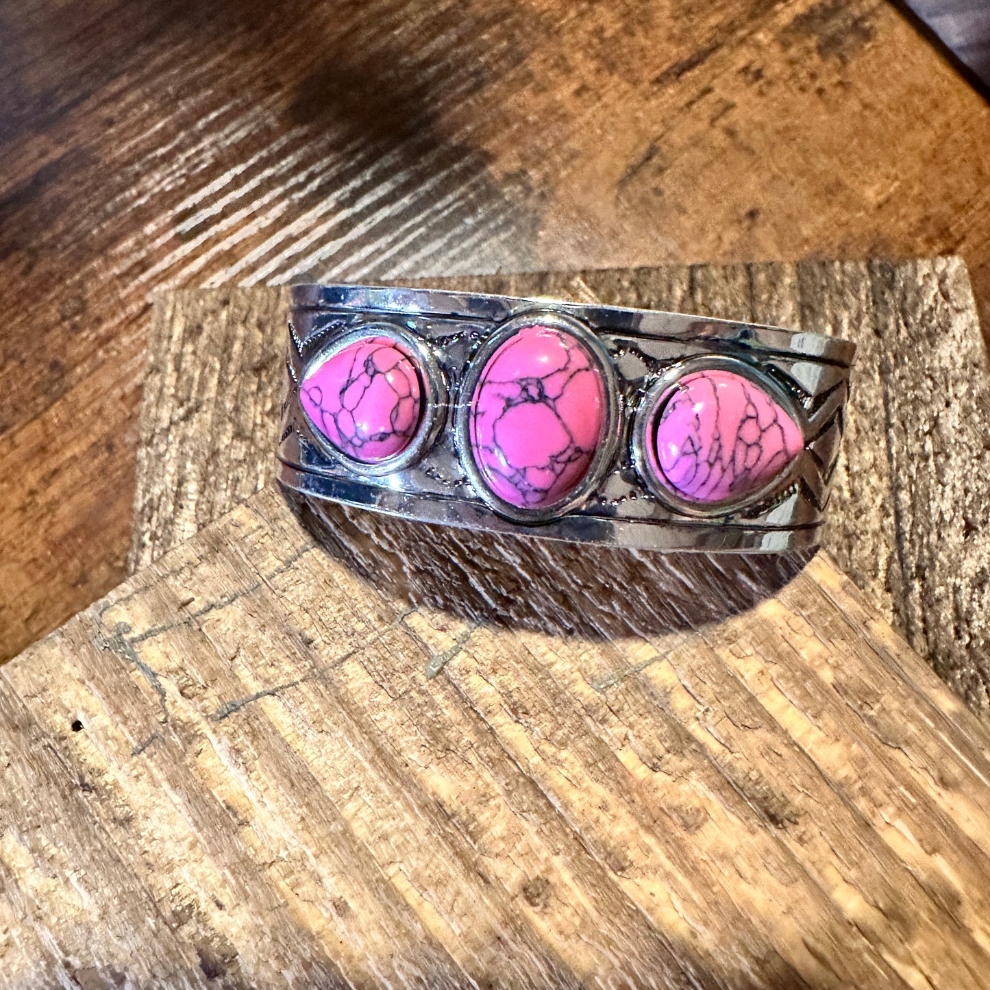 Southwestern Bohemian Vintage Cowgirl Cuff Bracelet with Pink Gemstone, Gift Box Included - Silver Elegant