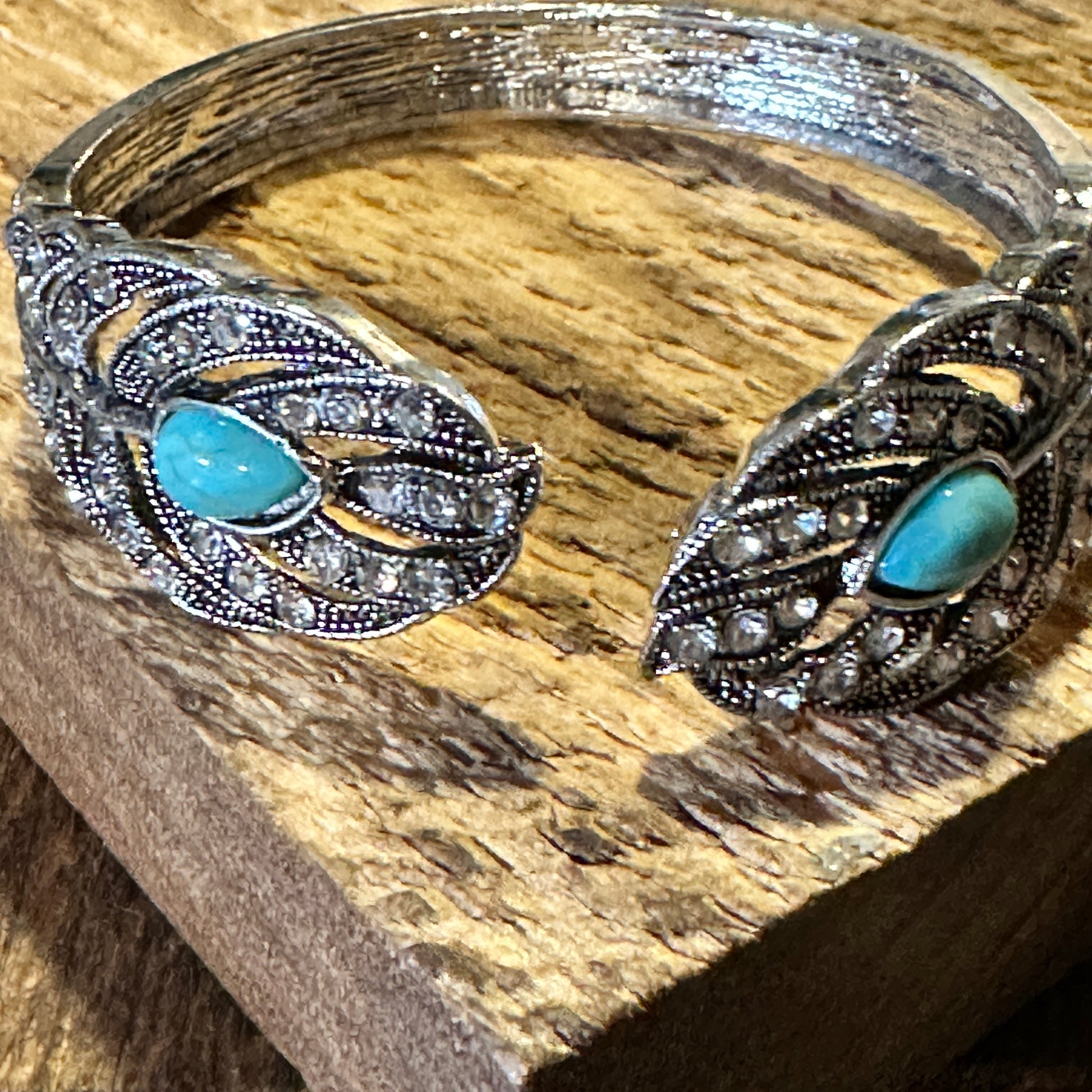 Boho Vintage Southwestern Cowgirl Crystal CZ Cuff Bracelet, Turquoise Stone, XLarge, Gift Box - Silver Elegant