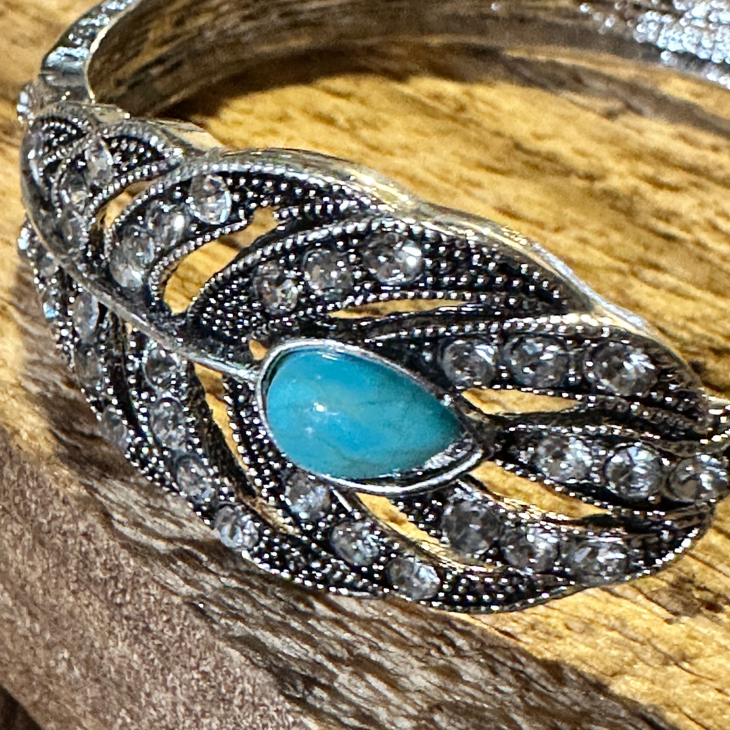 Boho Vintage Southwestern Cowgirl Crystal CZ Cuff Bracelet, Turquoise Stone, XLarge, Gift Box - Silver Elegant