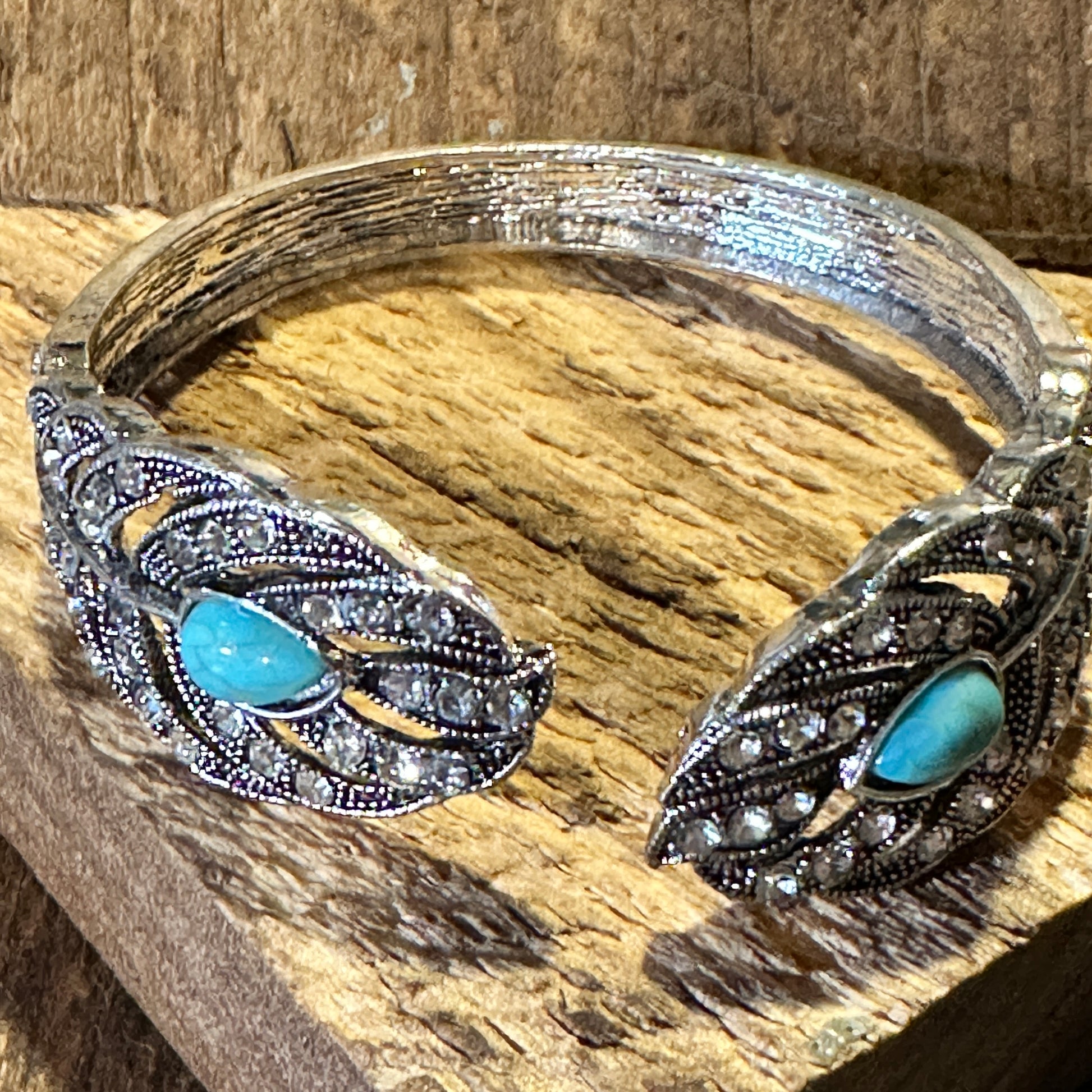 Boho Vintage Southwestern Cowgirl Crystal CZ Cuff Bracelet, Turquoise Stone, XLarge, Gift Box - Silver Elegant