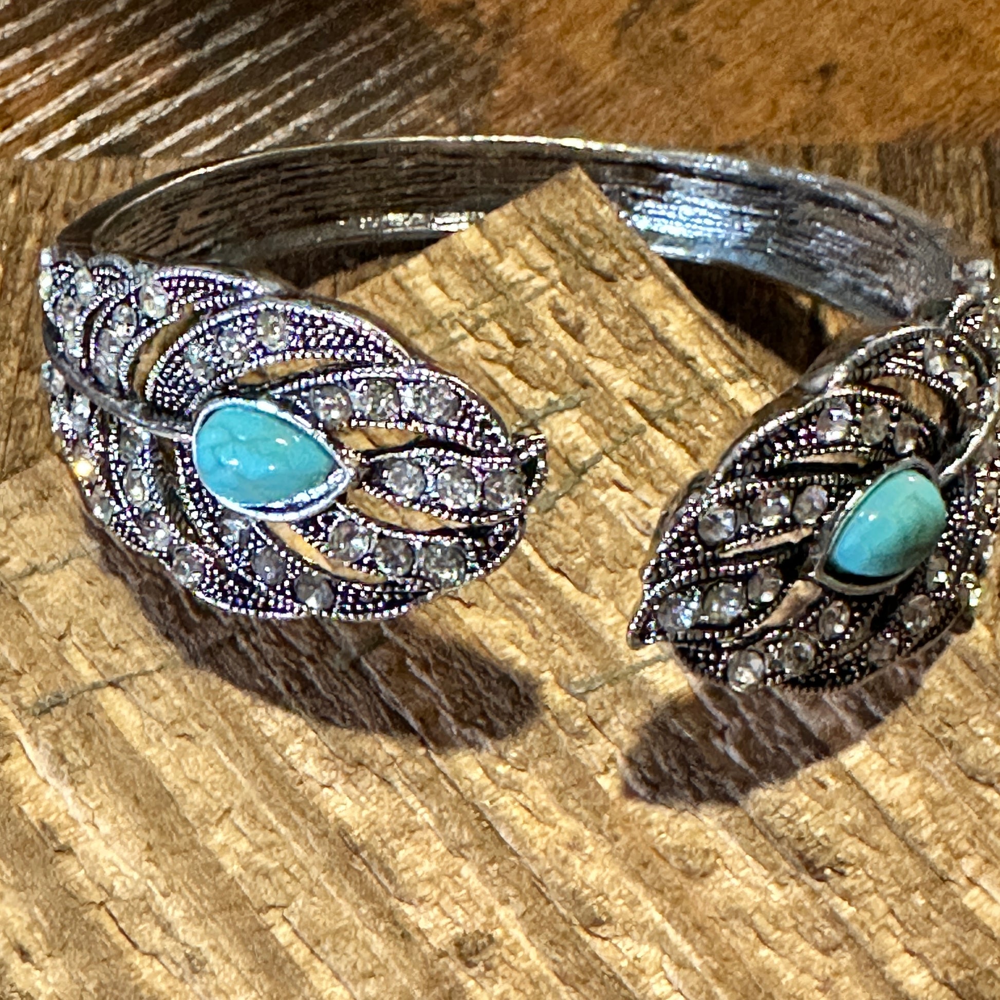 Boho Vintage Southwestern Cowgirl Crystal CZ Cuff Bracelet, Turquoise Stone, XLarge, Gift Box - Silver Elegant