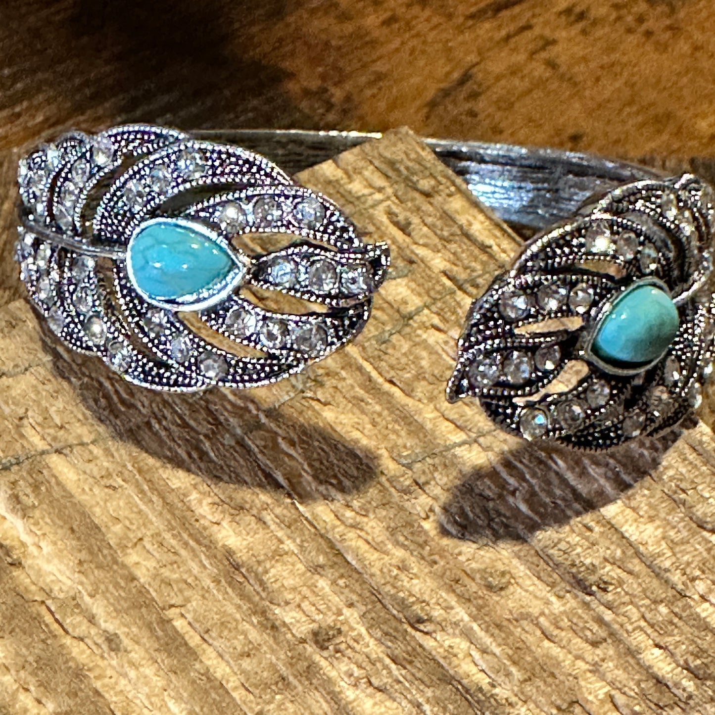 Boho Vintage Southwestern Cowgirl Crystal CZ Cuff Bracelet, Turquoise Stone, XLarge, Gift Box - Silver Elegant