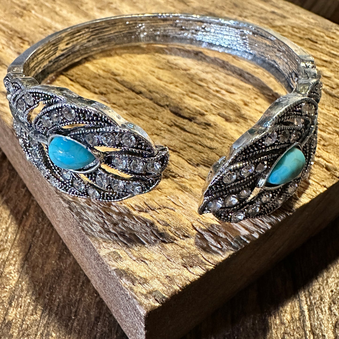 Boho Vintage Southwestern Cowgirl Crystal CZ Cuff Bracelet, Turquoise Stone, XLarge, Gift Box - Silver Elegant