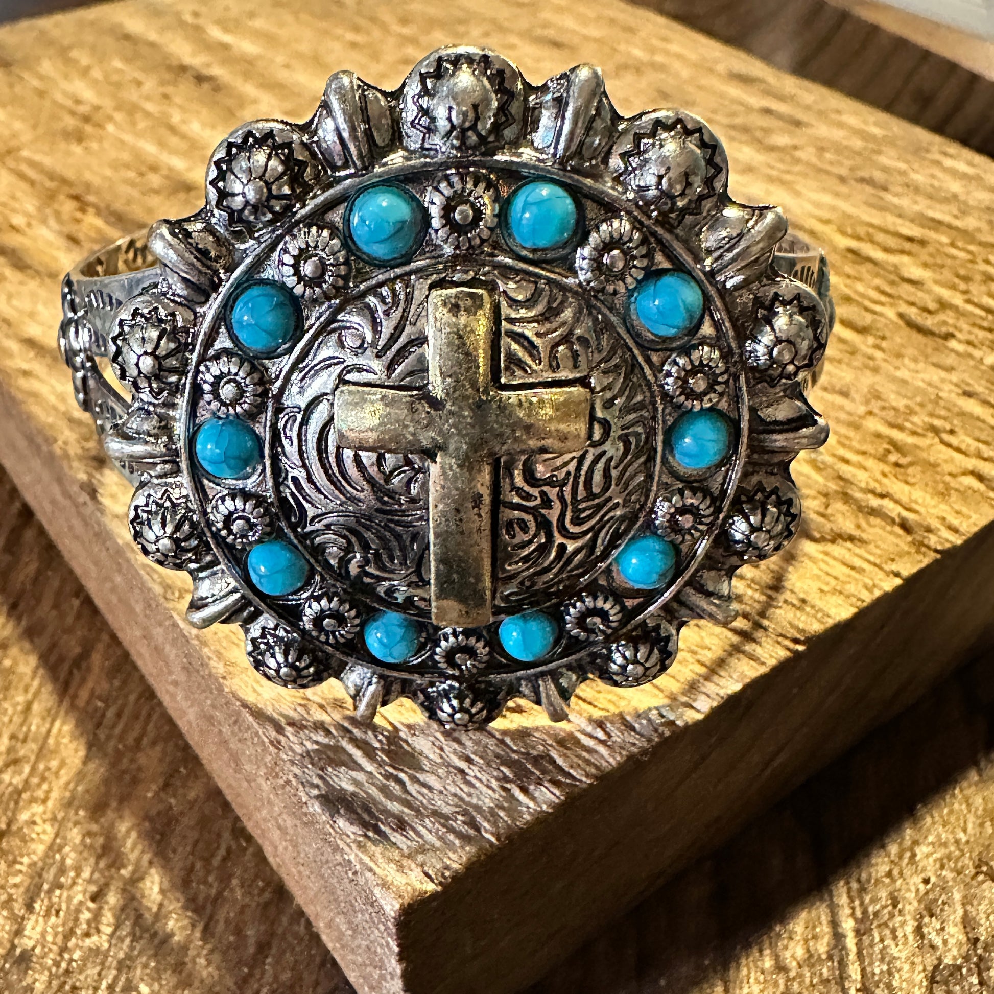 Boho Vintage Southwestern Cowgirl Holy Cross Cuff Bracelet, Turquoise Stone, Gift Box - Silver Elegant