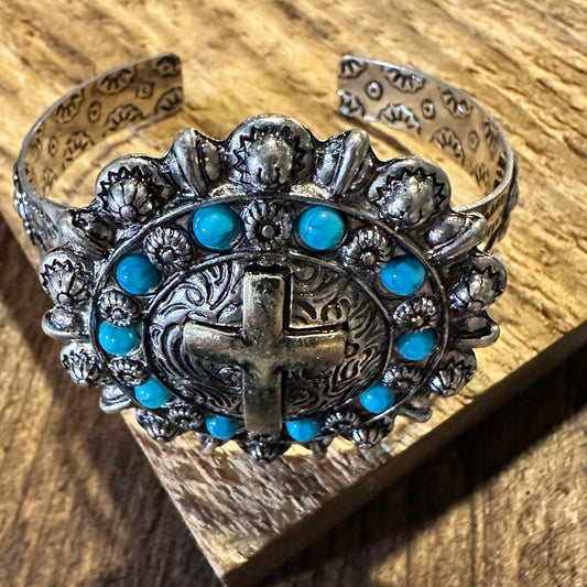 Boho Vintage Southwestern Cowgirl Holy Cross Cuff Bracelet, Turquoise Stone, Gift Box - Silver Elegant