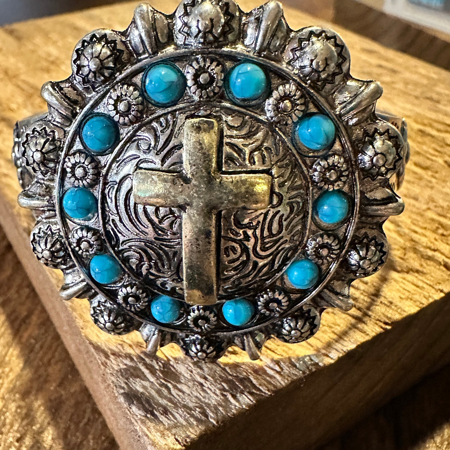 Boho Vintage Southwestern Cowgirl Holy Cross Cuff Bracelet, Turquoise Stone, Gift Box - Silver Elegant