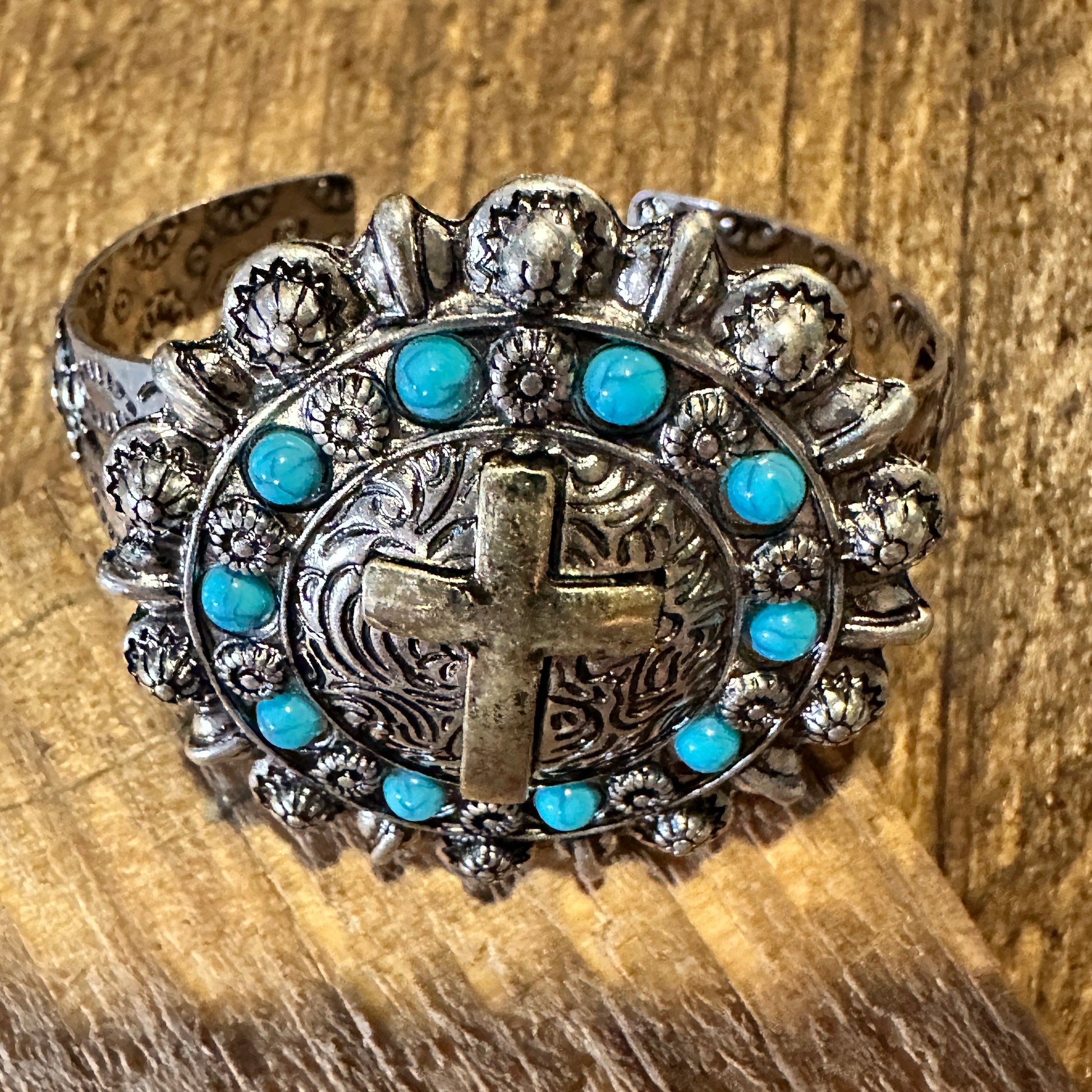 Boho Vintage Southwestern Cowgirl Holy Cross Cuff Bracelet, Turquoise Stone, Gift Box - Silver Elegant