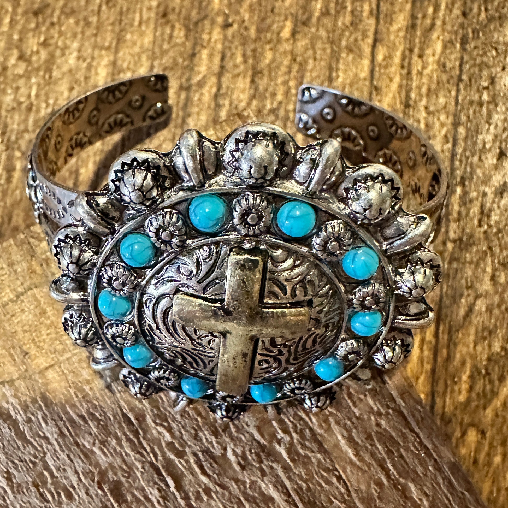 Boho Vintage Southwestern Cowgirl Holy Cross Cuff Bracelet, Turquoise Stone, Gift Box - Silver Elegant