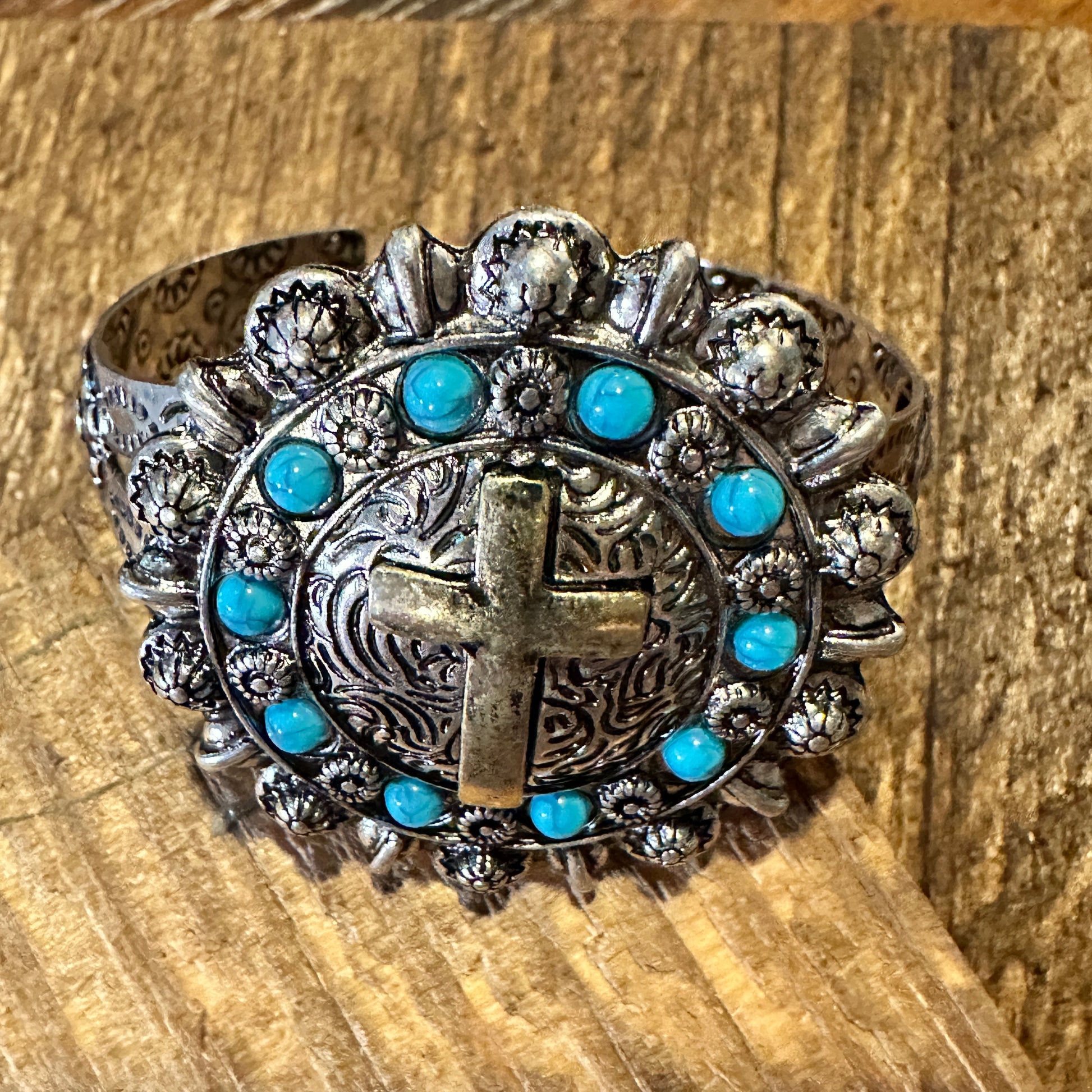 Boho Vintage Southwestern Cowgirl Holy Cross Cuff Bracelet, Turquoise Stone, Gift Box - Silver Elegant