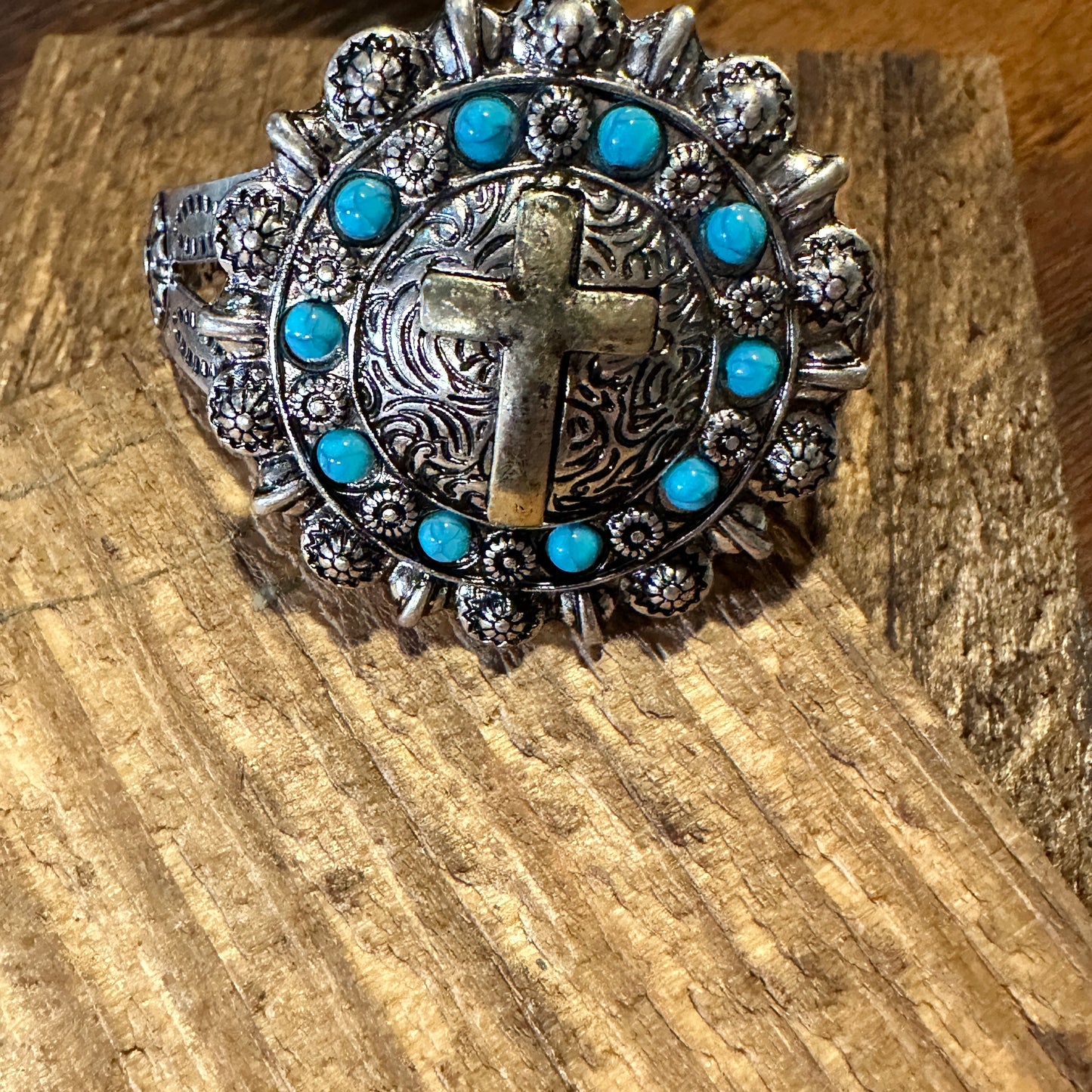 Boho Vintage Southwestern Cowgirl Holy Cross Cuff Bracelet, Turquoise Stone, Gift Box - Silver Elegant