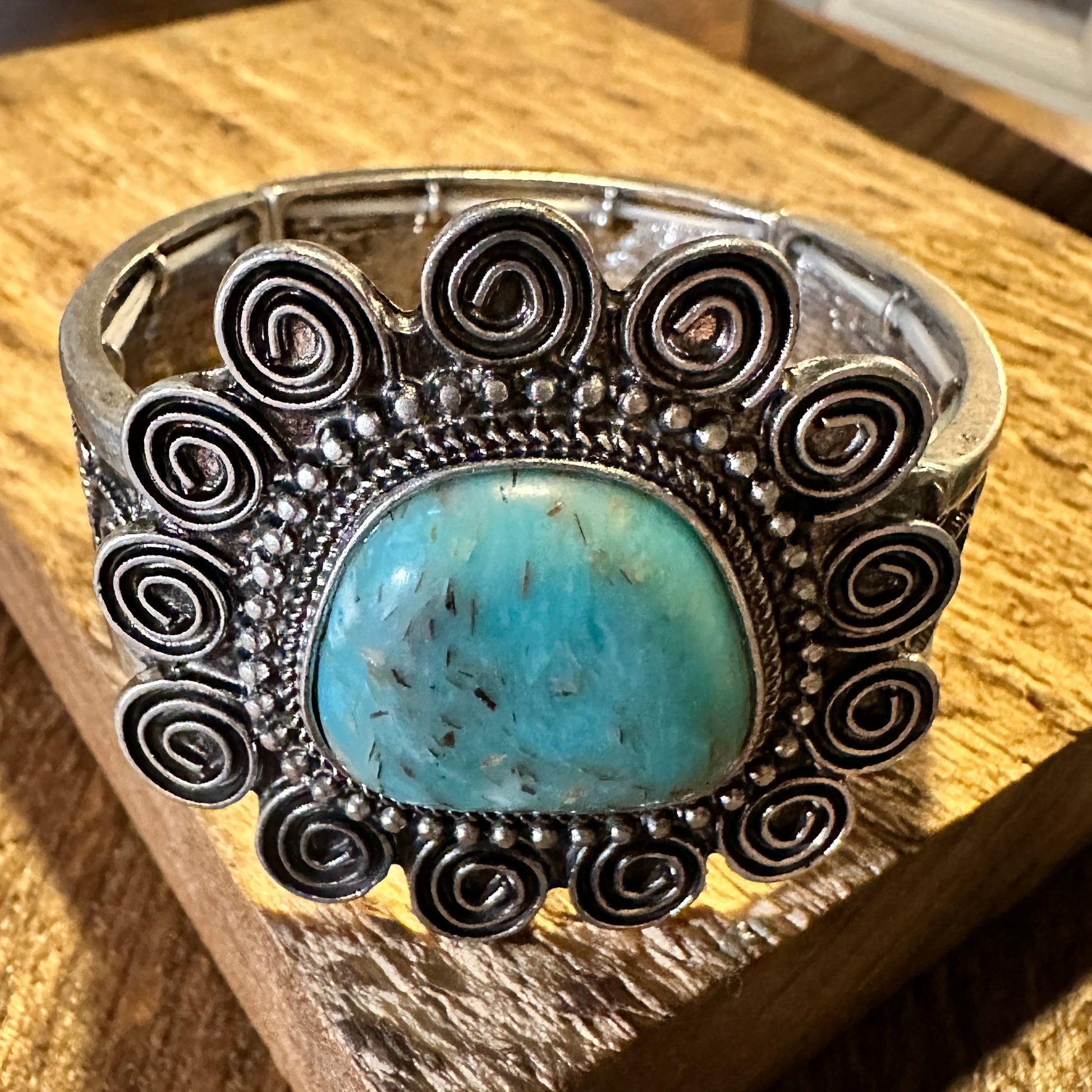 Boho Vintage Southwestern Cowgirl Scroll Cuff Bracelet, Turquoise Stone, Gift Box - Silver Elegant