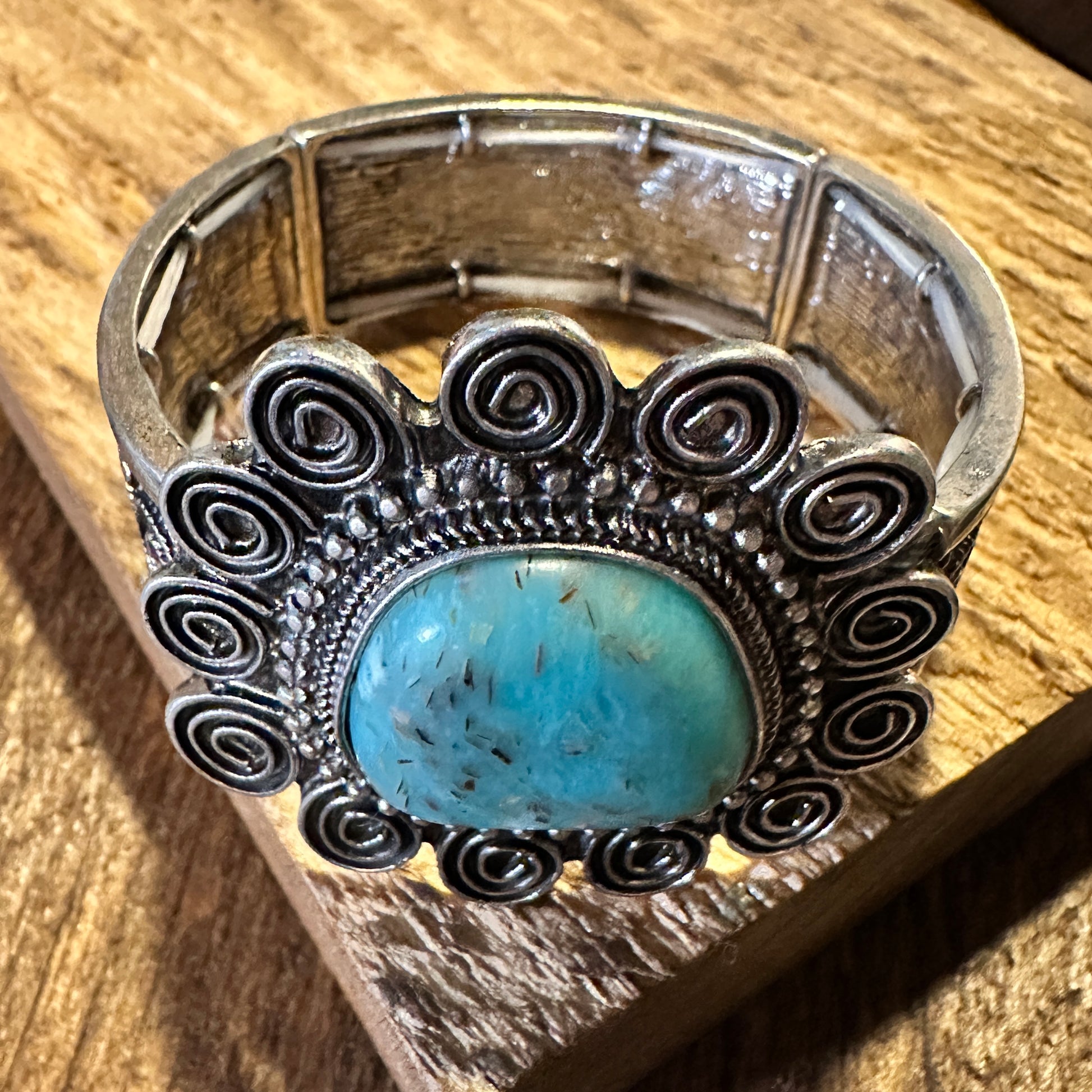 Boho Vintage Southwestern Cowgirl Scroll Cuff Bracelet, Turquoise Stone, Gift Box - Silver Elegant