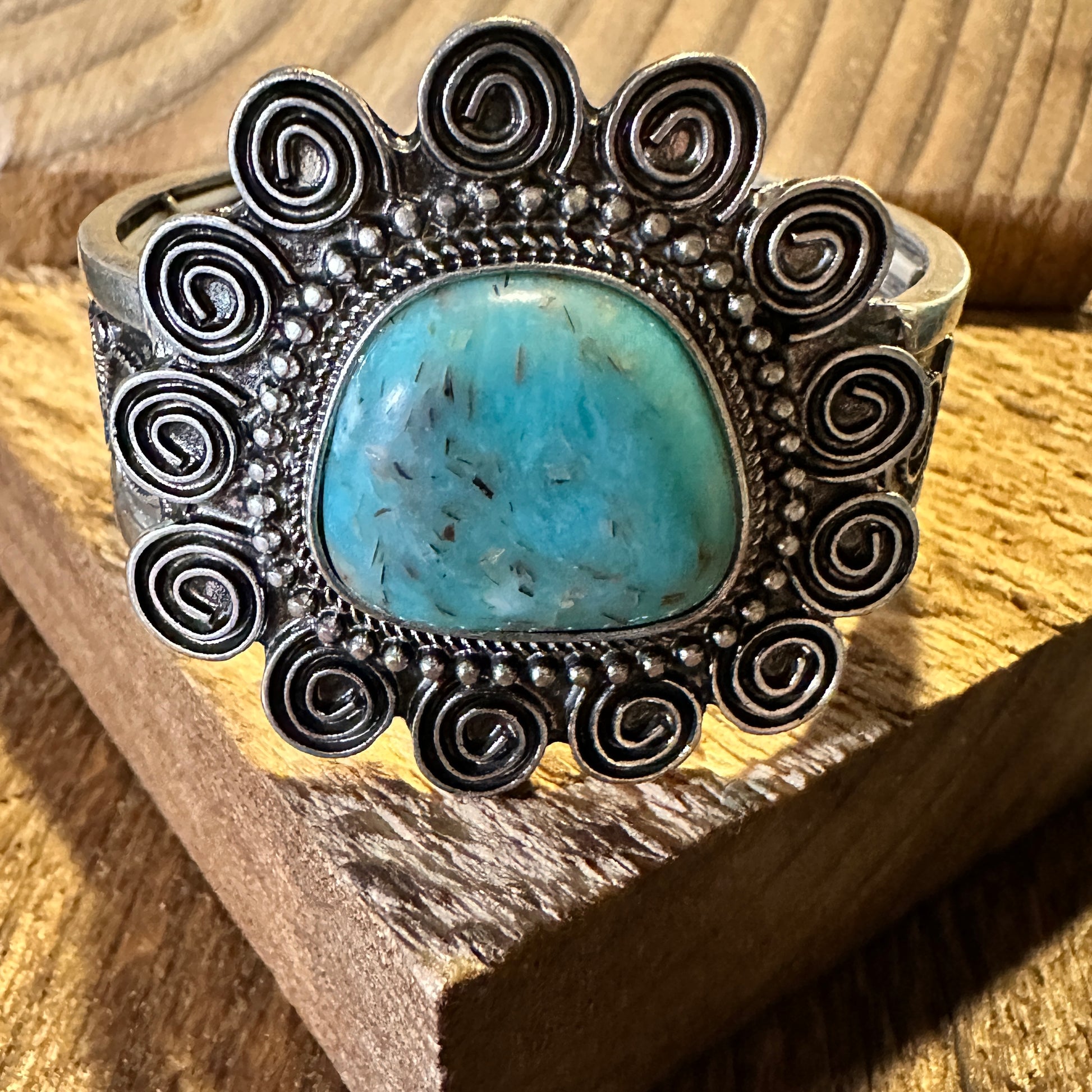 Boho Vintage Southwestern Cowgirl Scroll Cuff Bracelet, Turquoise Stone, Gift Box - Silver Elegant