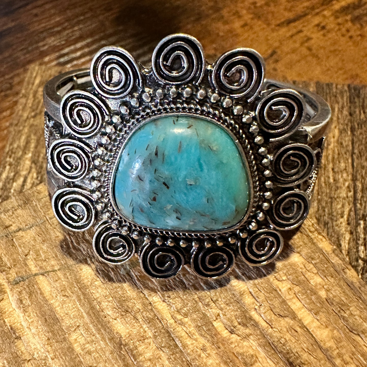 Boho Vintage Southwestern Cowgirl Scroll Cuff Bracelet, Turquoise Stone, Gift Box - Silver Elegant