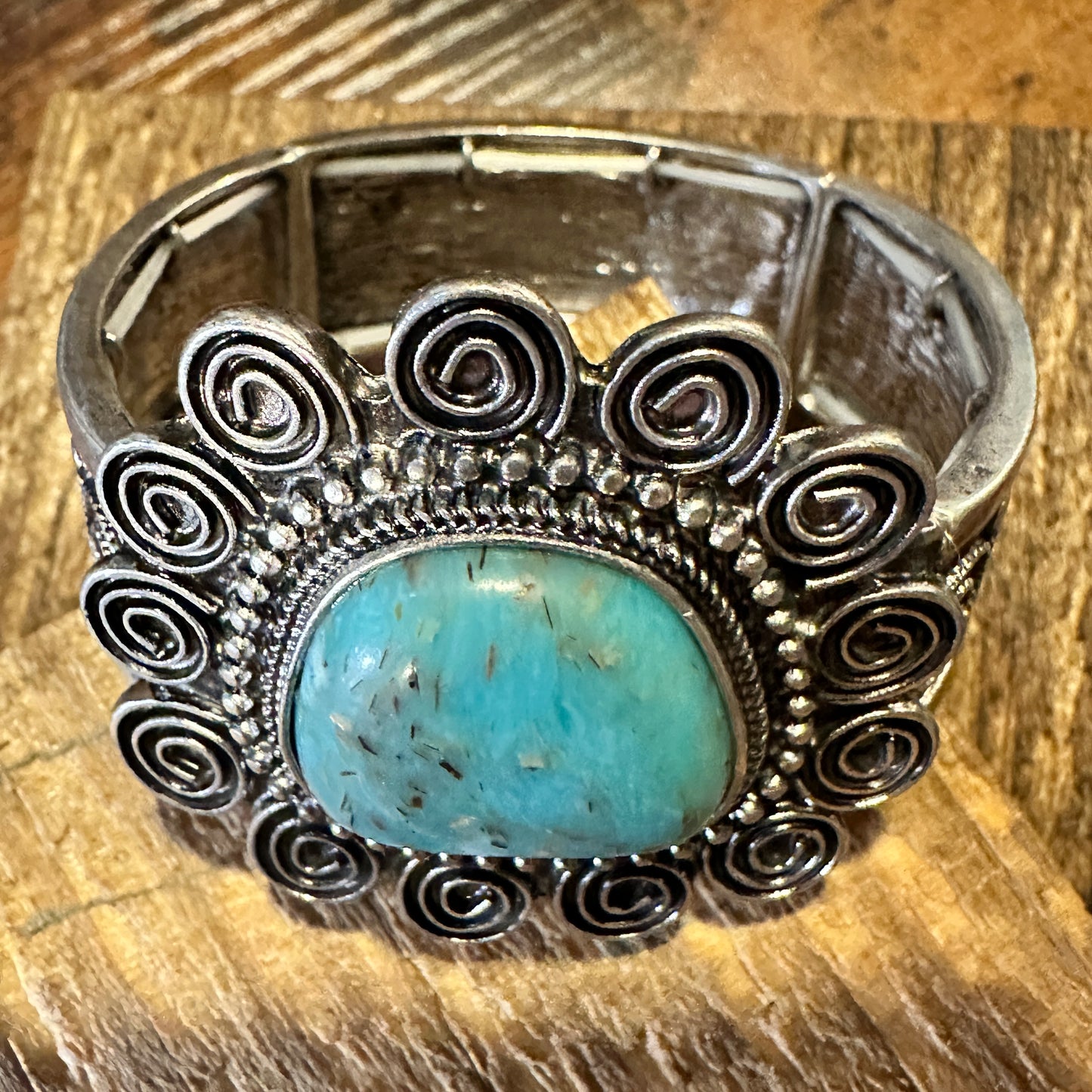 Boho Vintage Southwestern Cowgirl Scroll Cuff Bracelet, Turquoise Stone, Gift Box - Silver Elegant