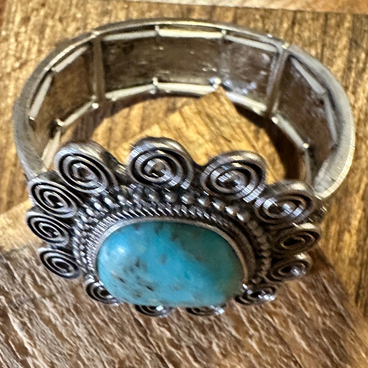 Boho Vintage Southwestern Cowgirl Scroll Cuff Bracelet, Turquoise Stone, Gift Box - Silver Elegant