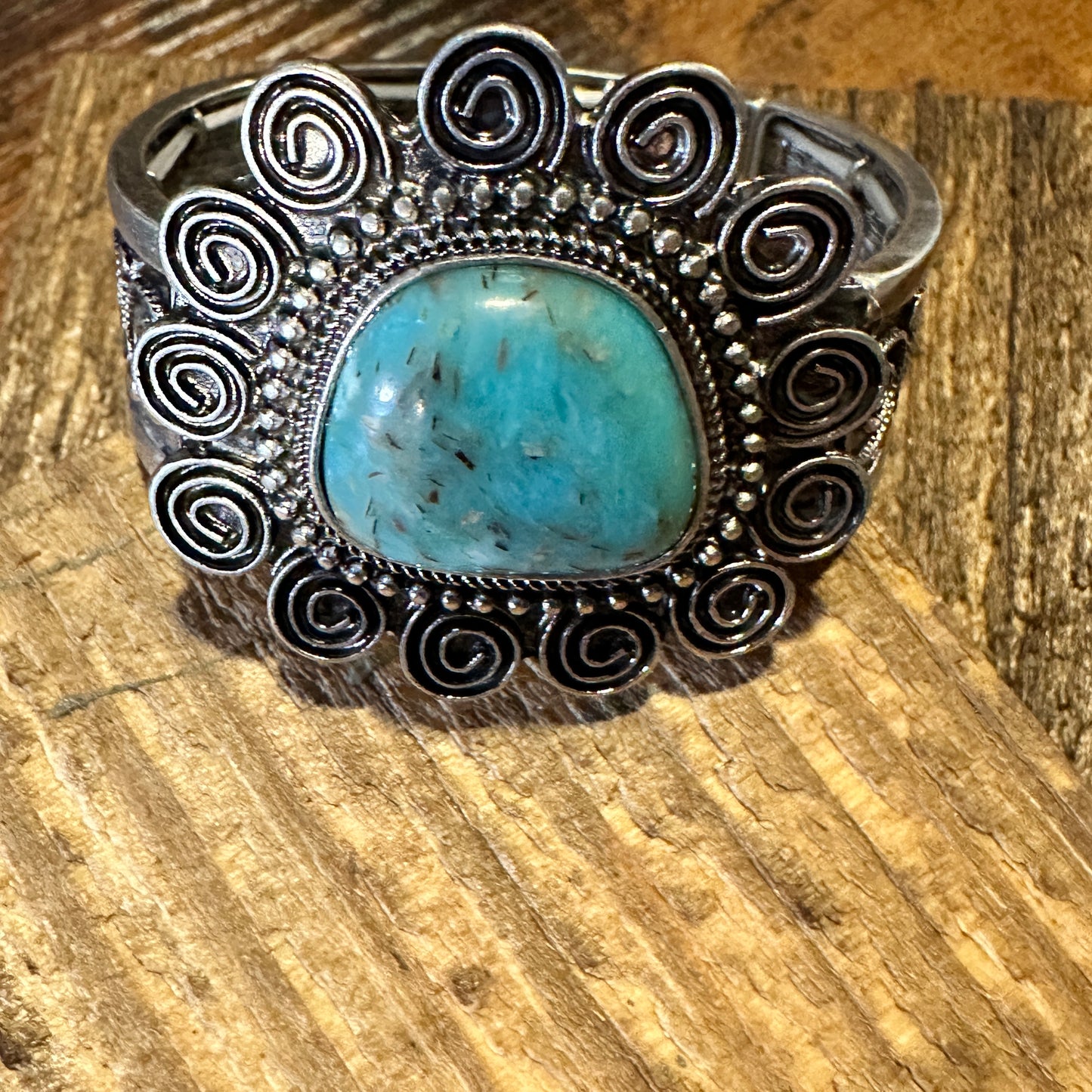 Boho Vintage Southwestern Cowgirl Scroll Cuff Bracelet, Turquoise Stone, Gift Box - Silver Elegant