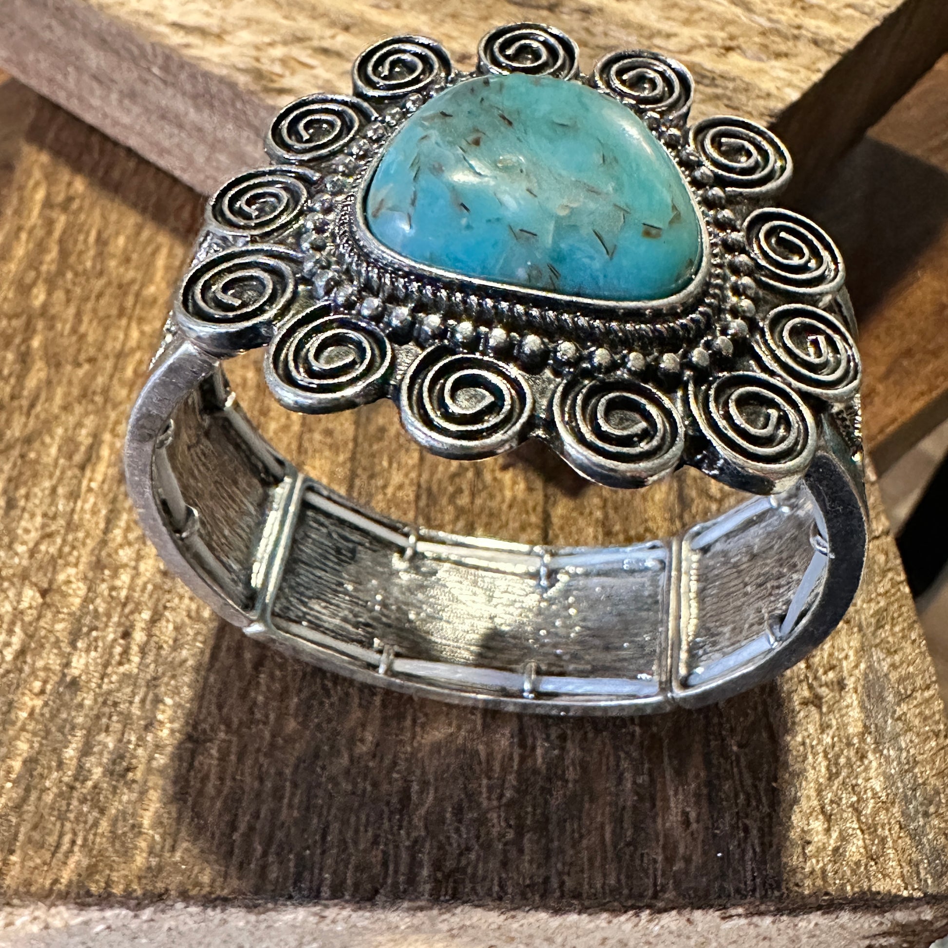 Boho Vintage Southwestern Cowgirl Scroll Cuff Bracelet, Turquoise Stone, Gift Box - Silver Elegant