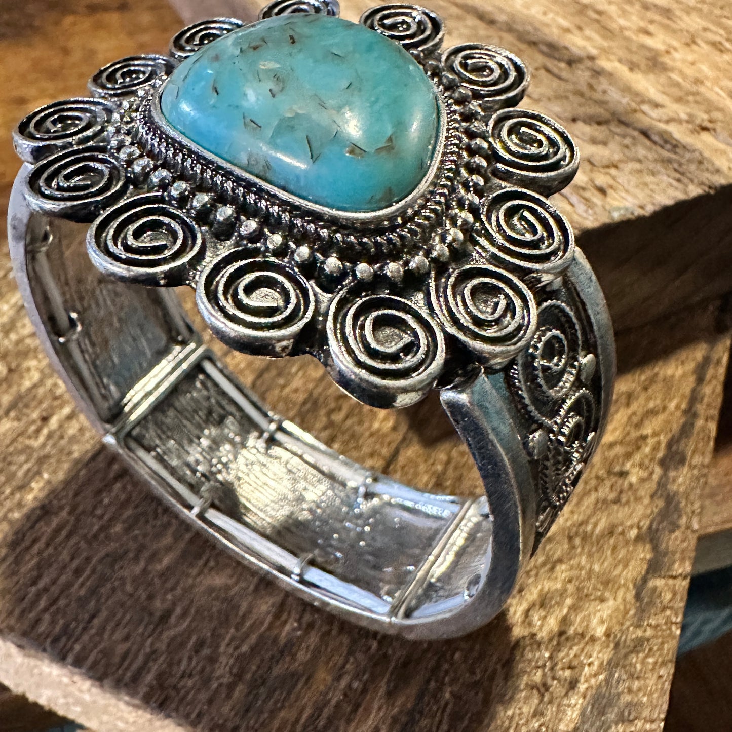 Boho Vintage Southwestern Cowgirl Scroll Cuff Bracelet, Turquoise Stone, Gift Box - Silver Elegant