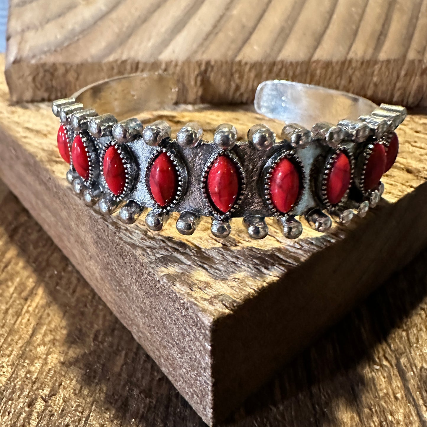 Southwestern Coral Stone Open Cuff Bangle - Boho Chic Cowgirl Bracelet in Gift Box - Silver Elegant