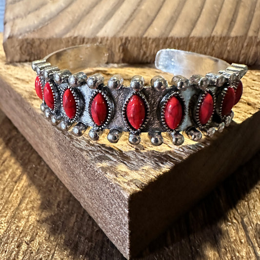 Southwestern Coral Stone Open Cuff Bangle - Boho Chic Cowgirl Bracelet in Gift Box - Silver Elegant