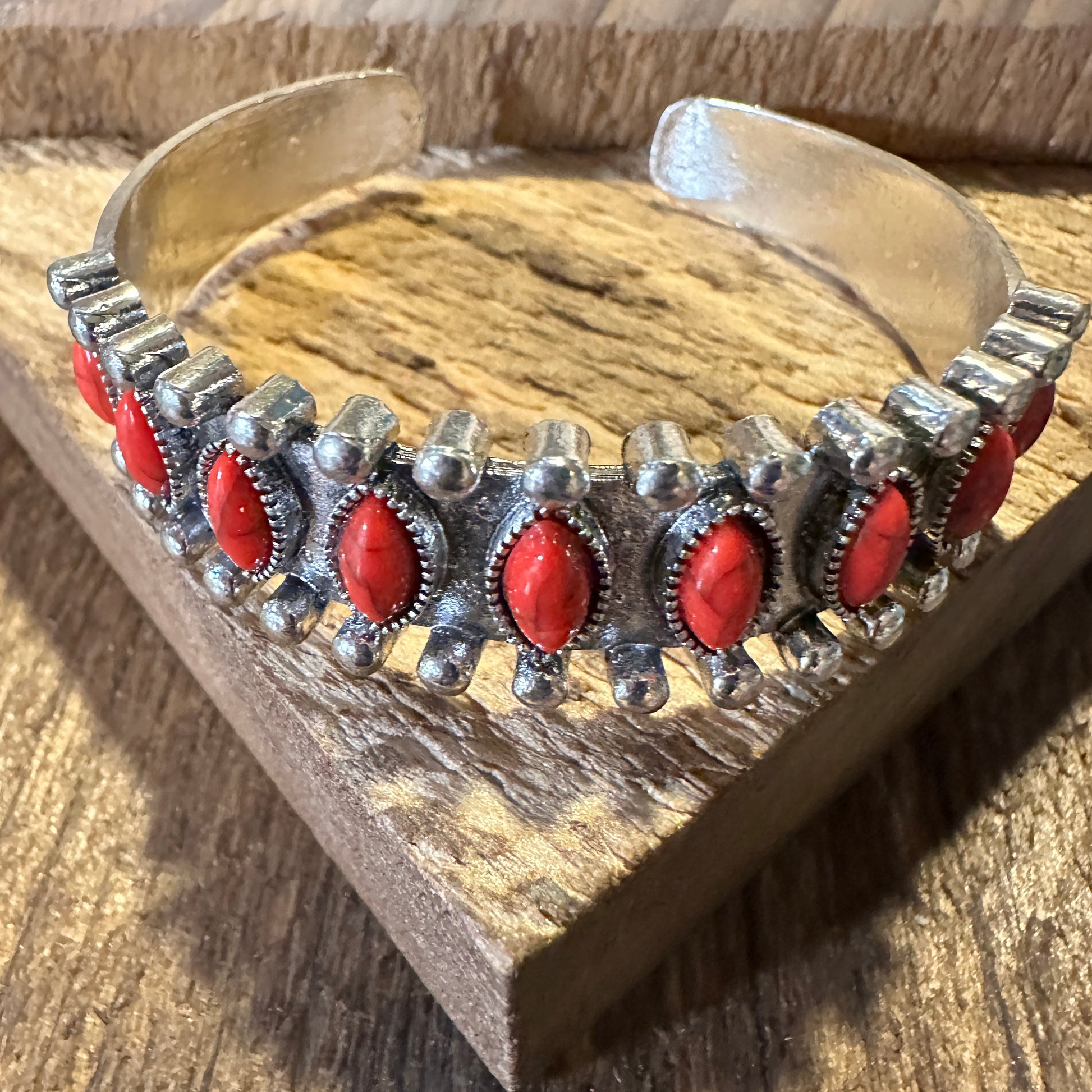 Southwestern Coral Stone Open Cuff Bangle - Boho Chic Cowgirl Bracelet in Gift Box - Silver Elegant