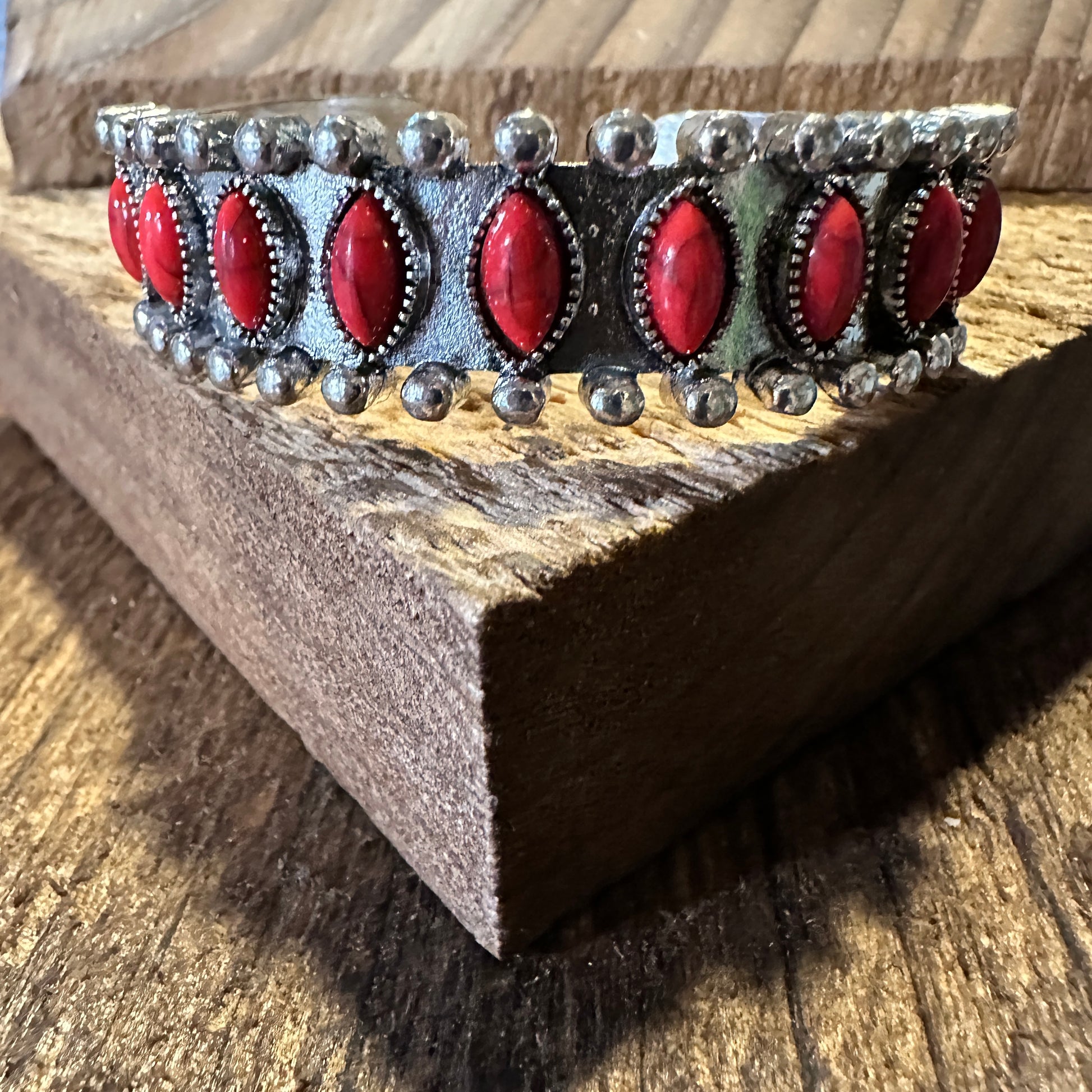 Southwestern Coral Stone Open Cuff Bangle - Boho Chic Cowgirl Bracelet in Gift Box - Silver Elegant