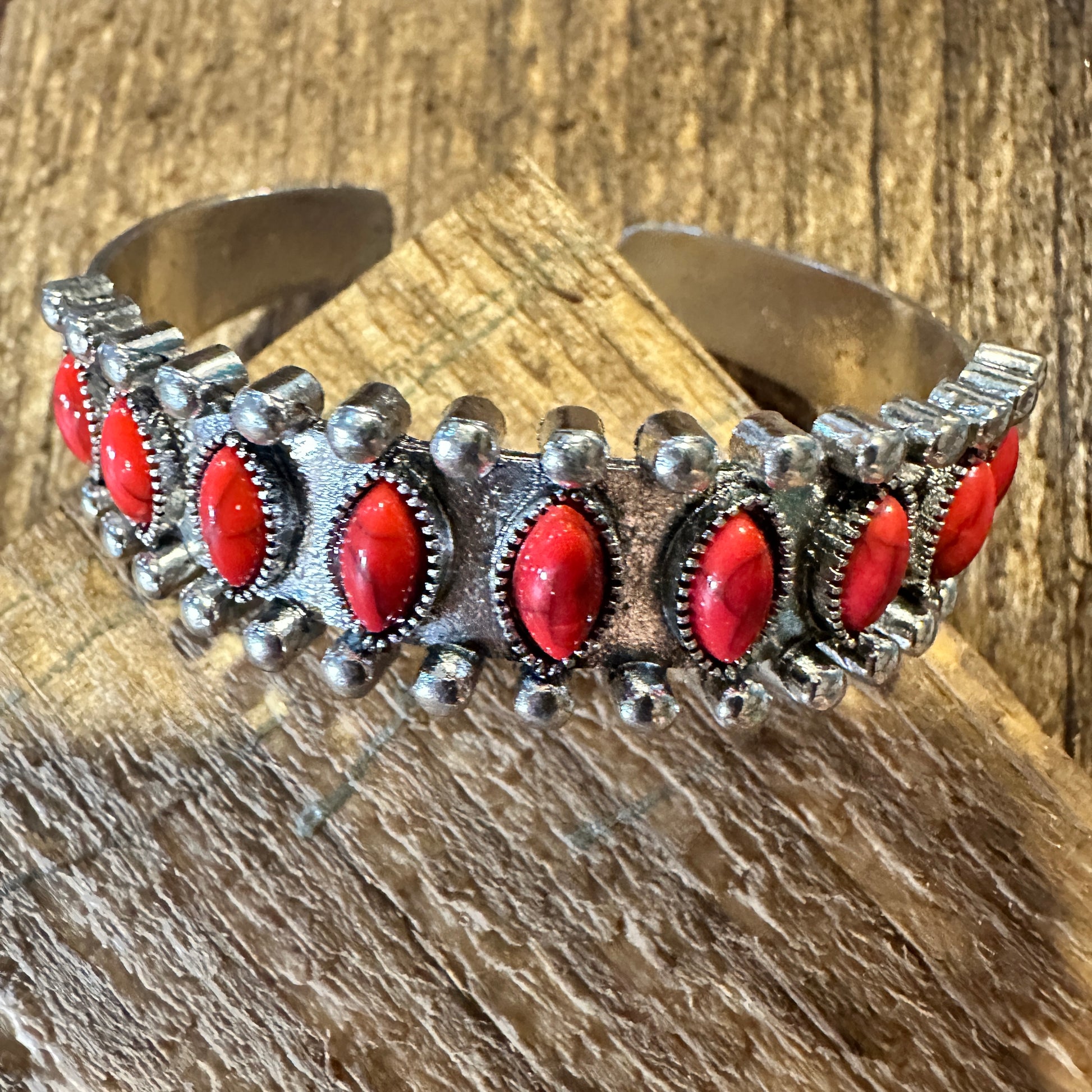 Southwestern Coral Stone Open Cuff Bangle - Boho Chic Cowgirl Bracelet in Gift Box - Silver Elegant