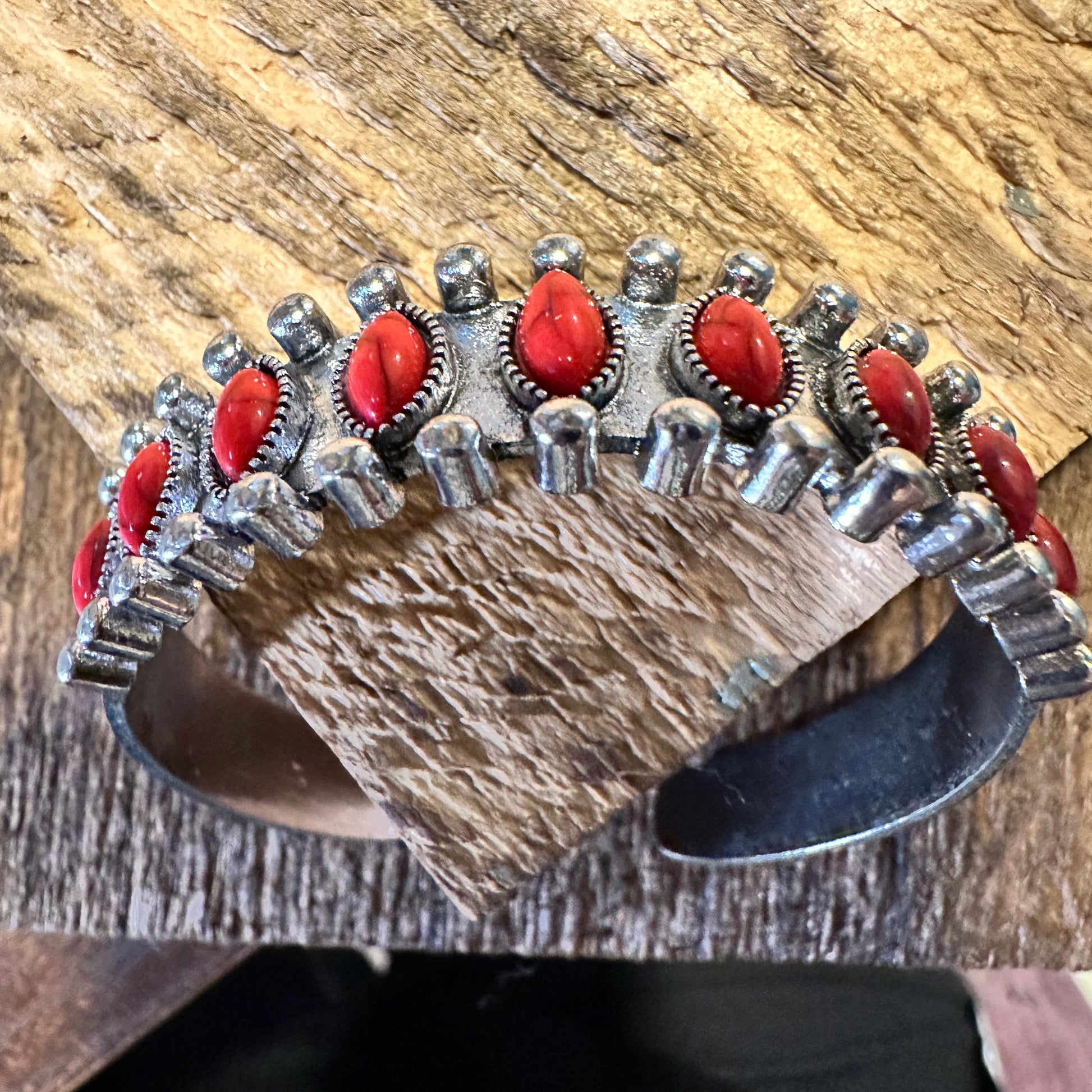 Southwestern Coral Stone Open Cuff Bangle - Boho Chic Cowgirl Bracelet in Gift Box - Silver Elegant