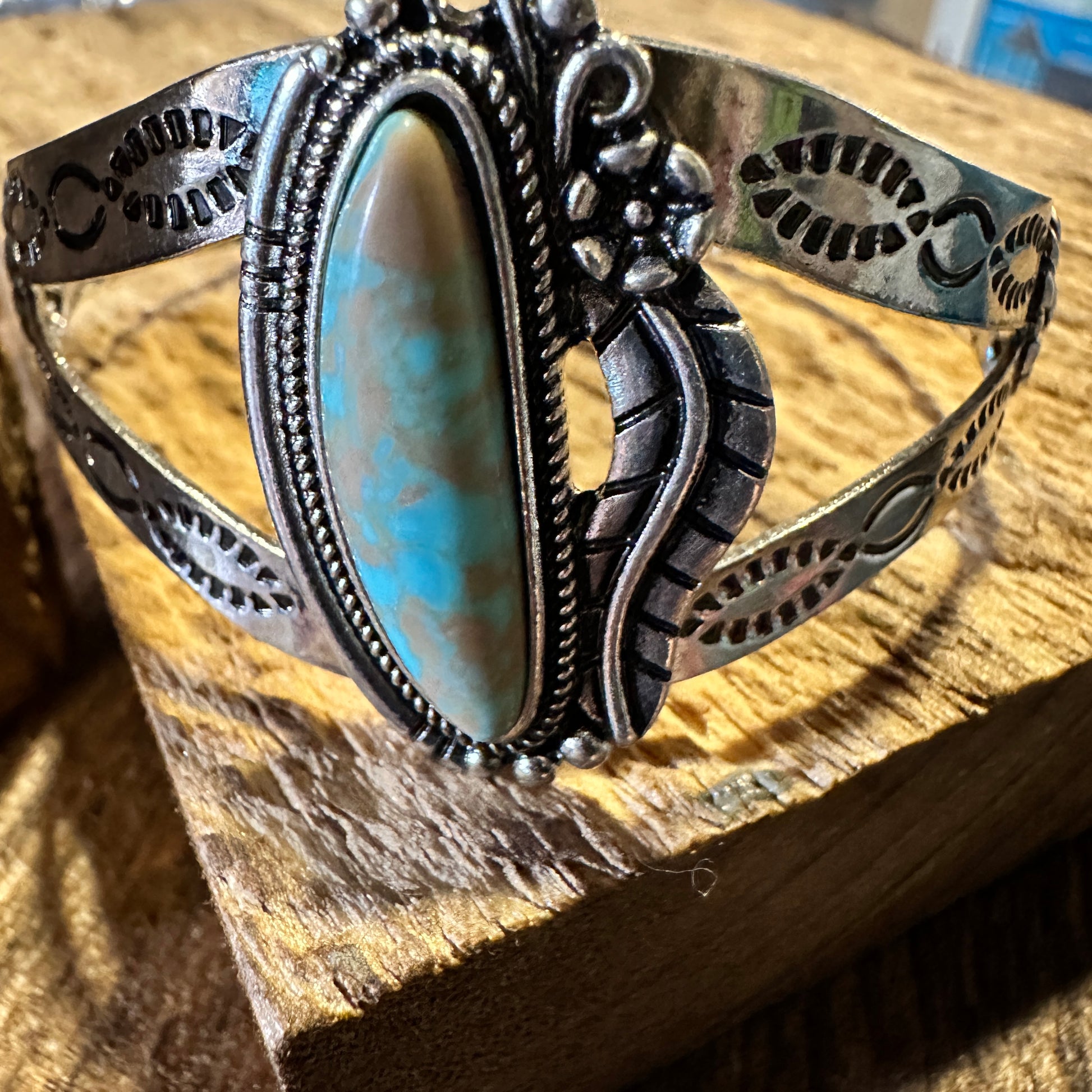 Boho Chic Vintage Southwestern Cowgirl Cactus Open Cuff Bangle, Turquoise Stone, Gift Box - Silver Elegant