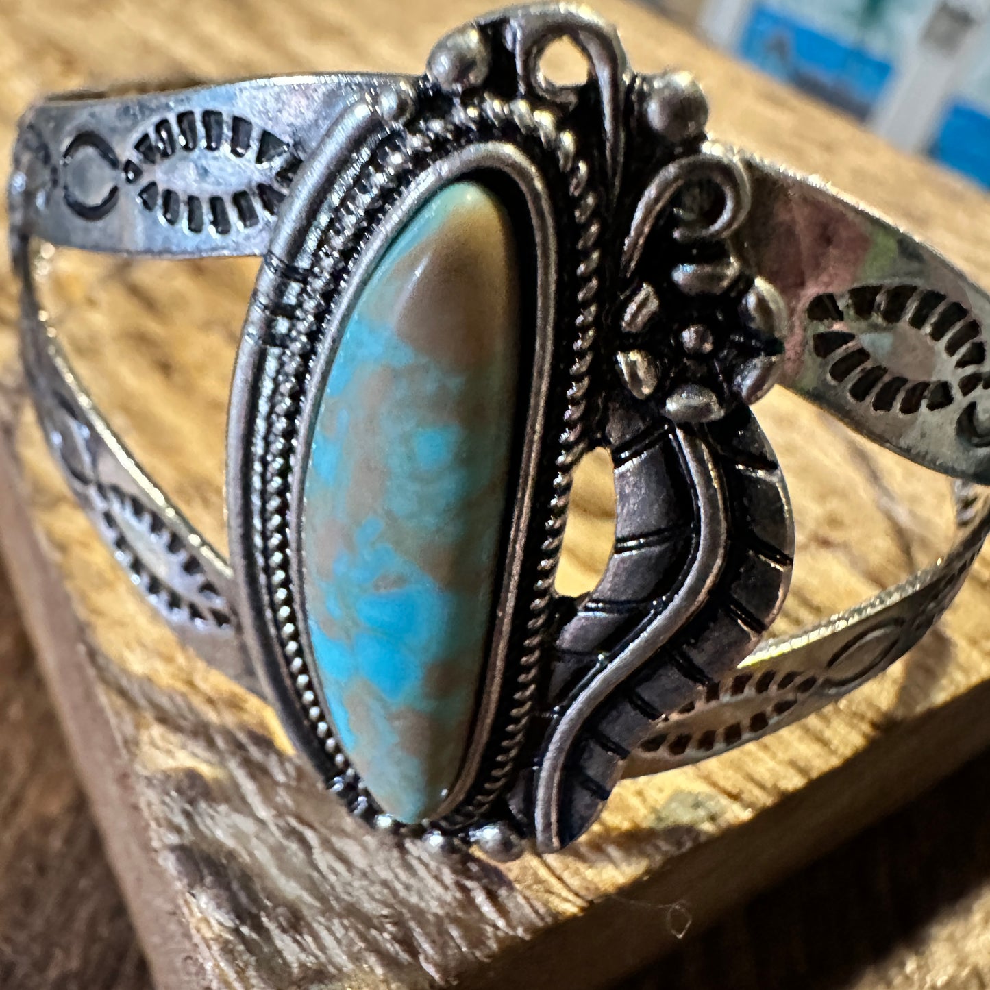 Boho Chic Vintage Southwestern Cowgirl Cactus Open Cuff Bangle, Turquoise Stone, Gift Box - Silver Elegant