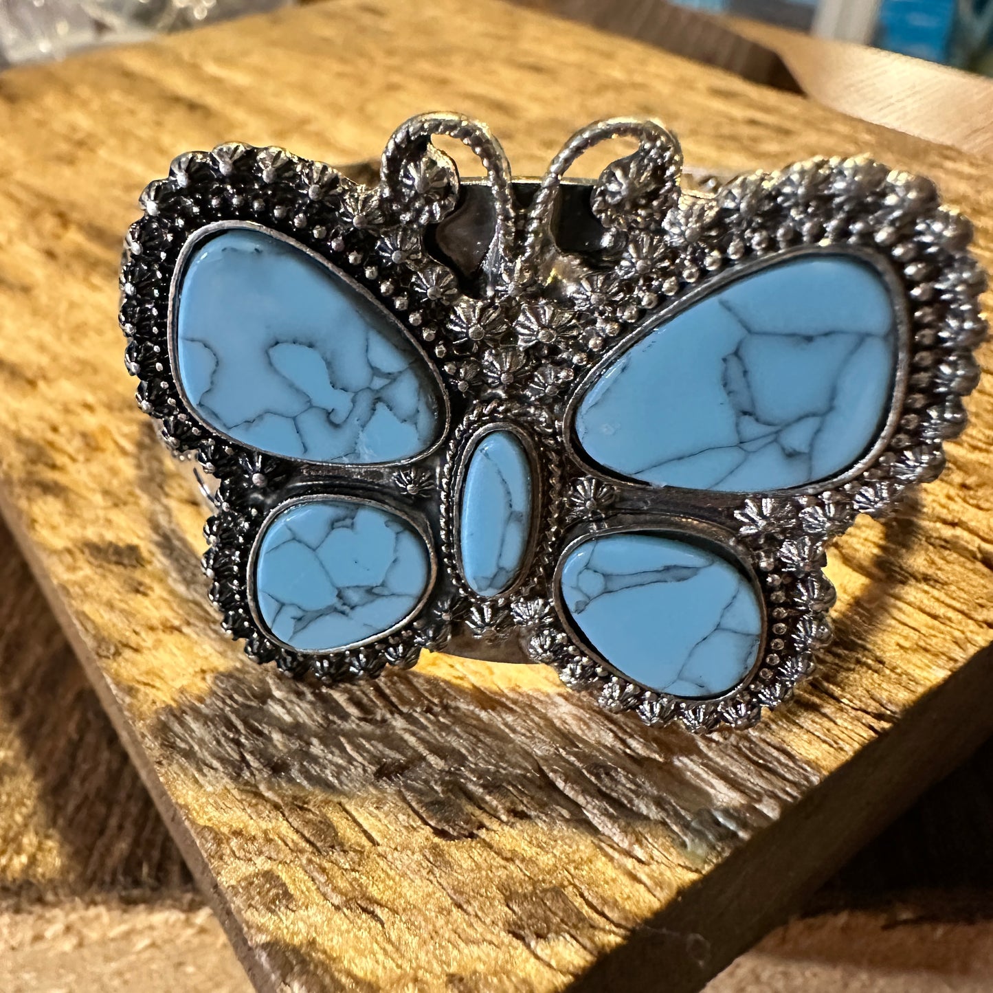 Boho Vintage Chic Southwestern Butterfly Cuff Bracelet, Turquoise Stone, Gift Box - Silver Elegant