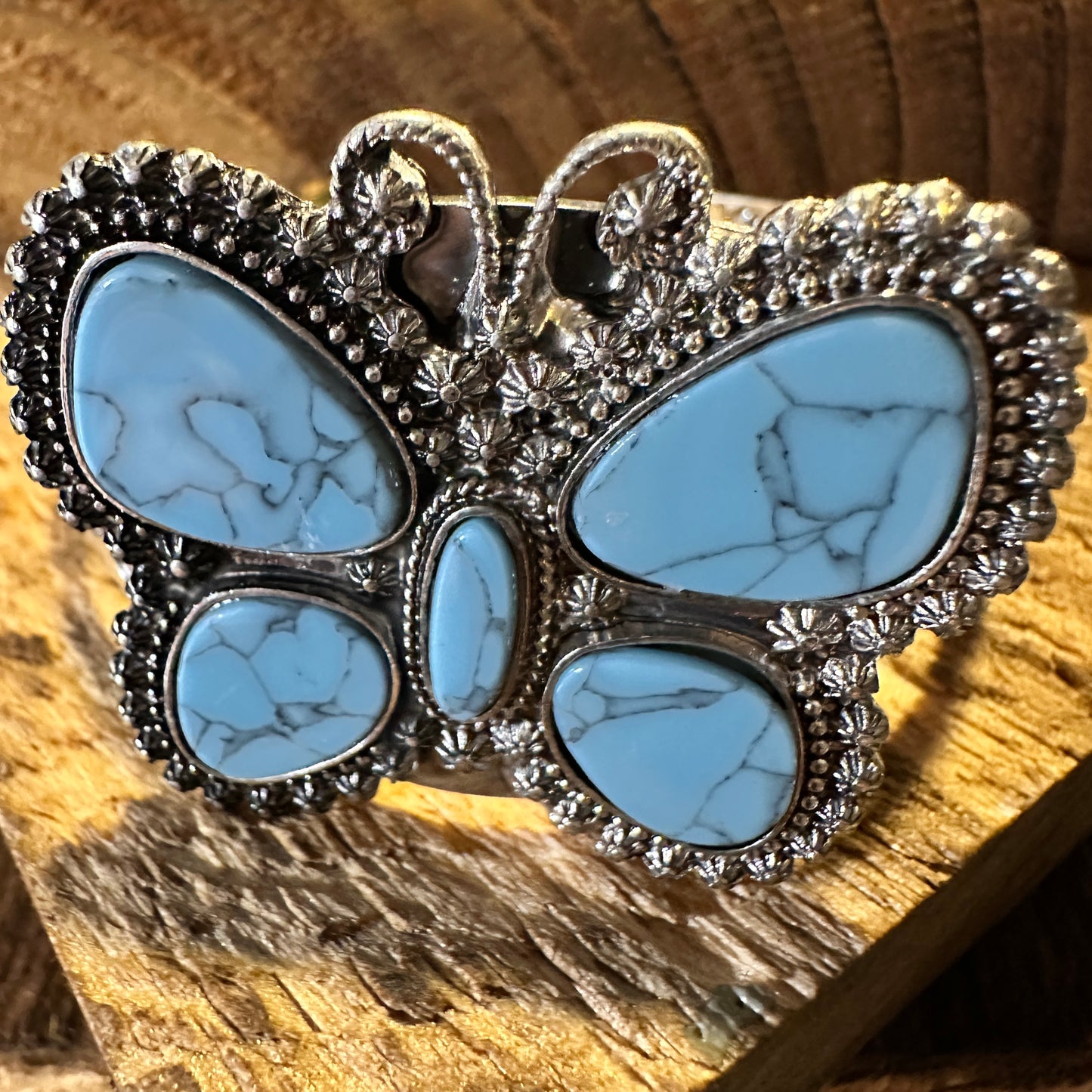 Boho Vintage Chic Southwestern Butterfly Cuff Bracelet, Turquoise Stone, Gift Box - Silver Elegant