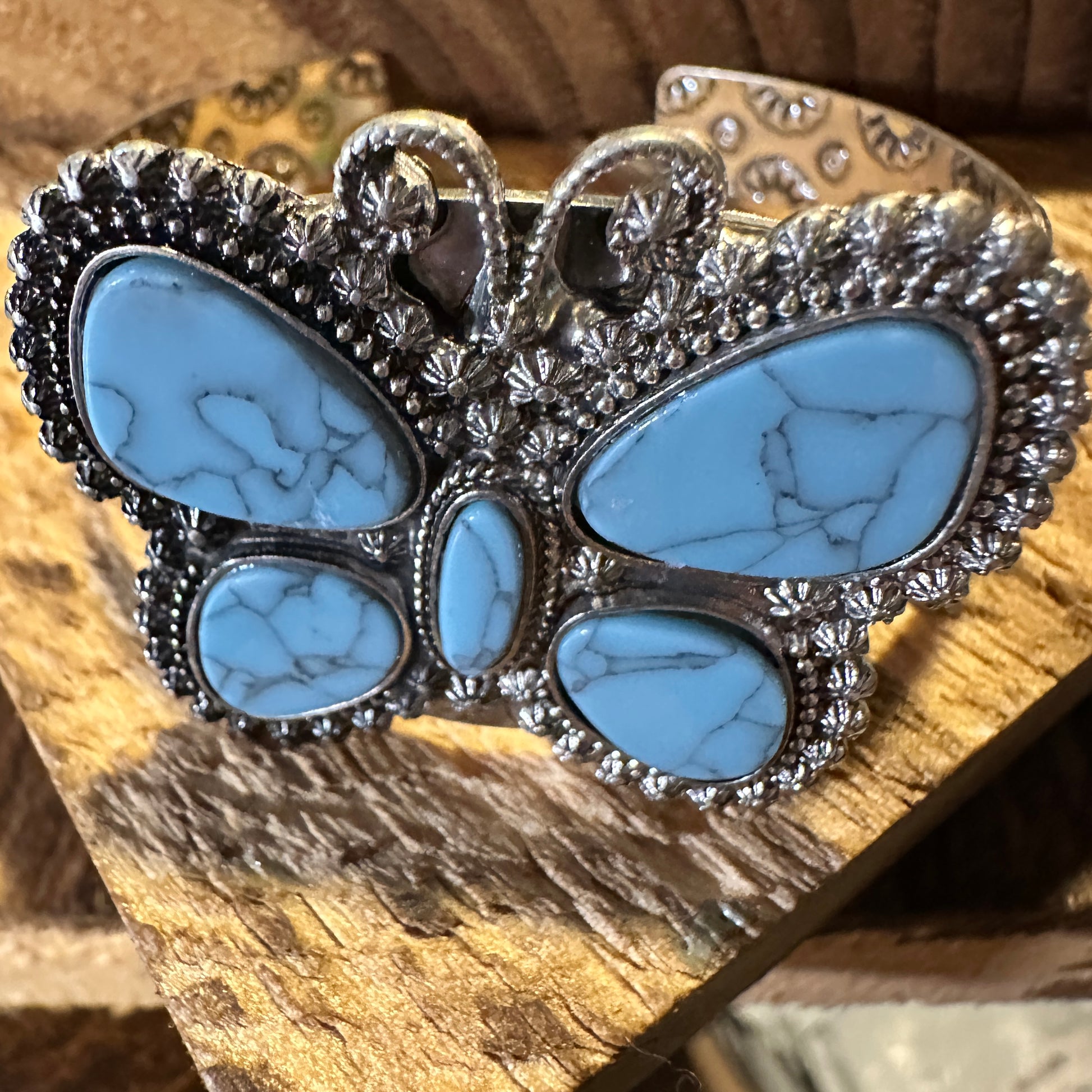 Boho Vintage Chic Southwestern Butterfly Cuff Bracelet, Turquoise Stone, Gift Box - Silver Elegant