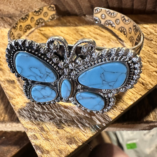 Boho Vintage Chic Southwestern Butterfly Cuff Bracelet, Turquoise Stone, Gift Box - Silver Elegant