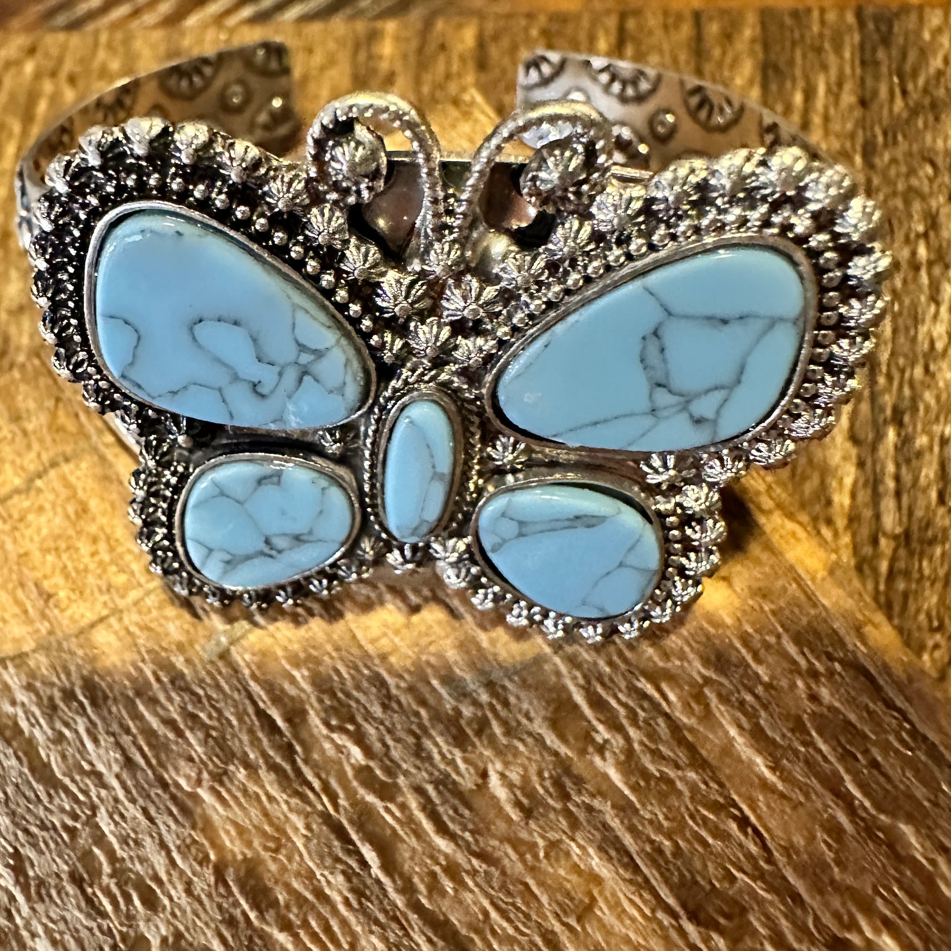 Boho Vintage Chic Southwestern Butterfly Cuff Bracelet, Turquoise Stone, Gift Box - Silver Elegant