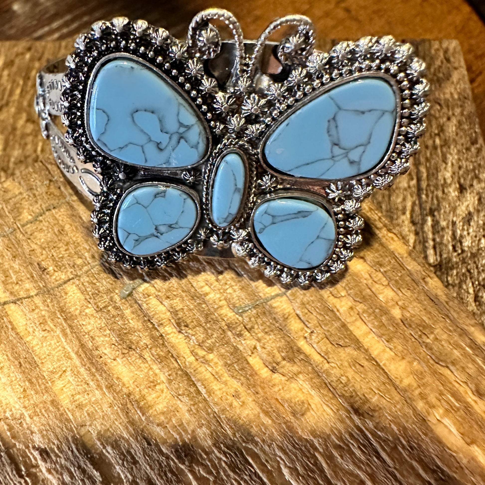 Boho Vintage Chic Southwestern Butterfly Cuff Bracelet, Turquoise Stone, Gift Box - Silver Elegant