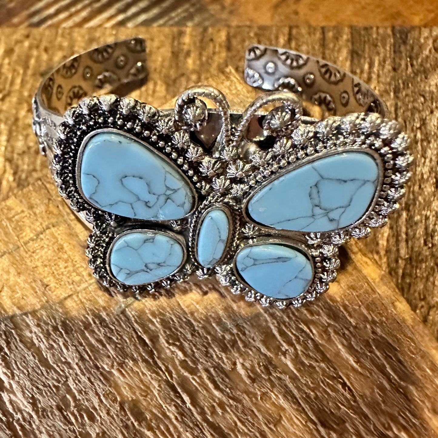 Boho Vintage Chic Southwestern Butterfly Cuff Bracelet, Turquoise Stone, Gift Box - Silver Elegant