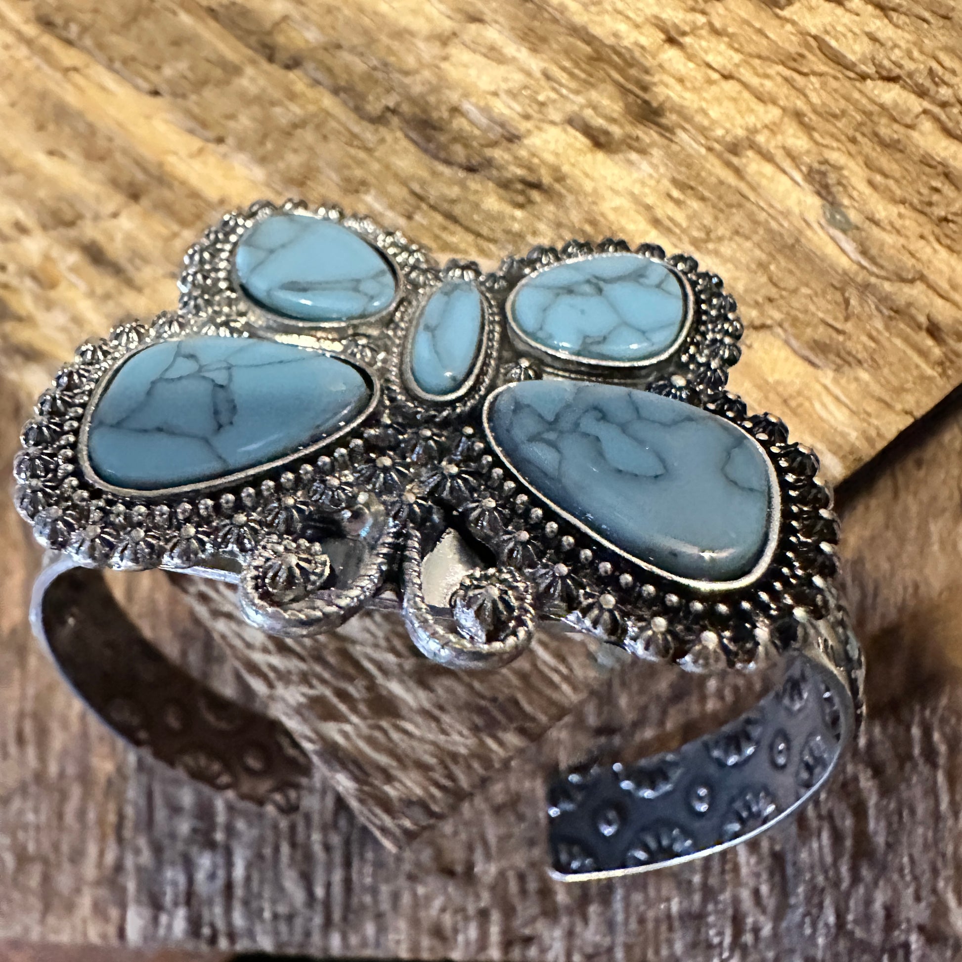 Boho Vintage Chic Southwestern Butterfly Cuff Bracelet, Turquoise Stone, Gift Box - Silver Elegant