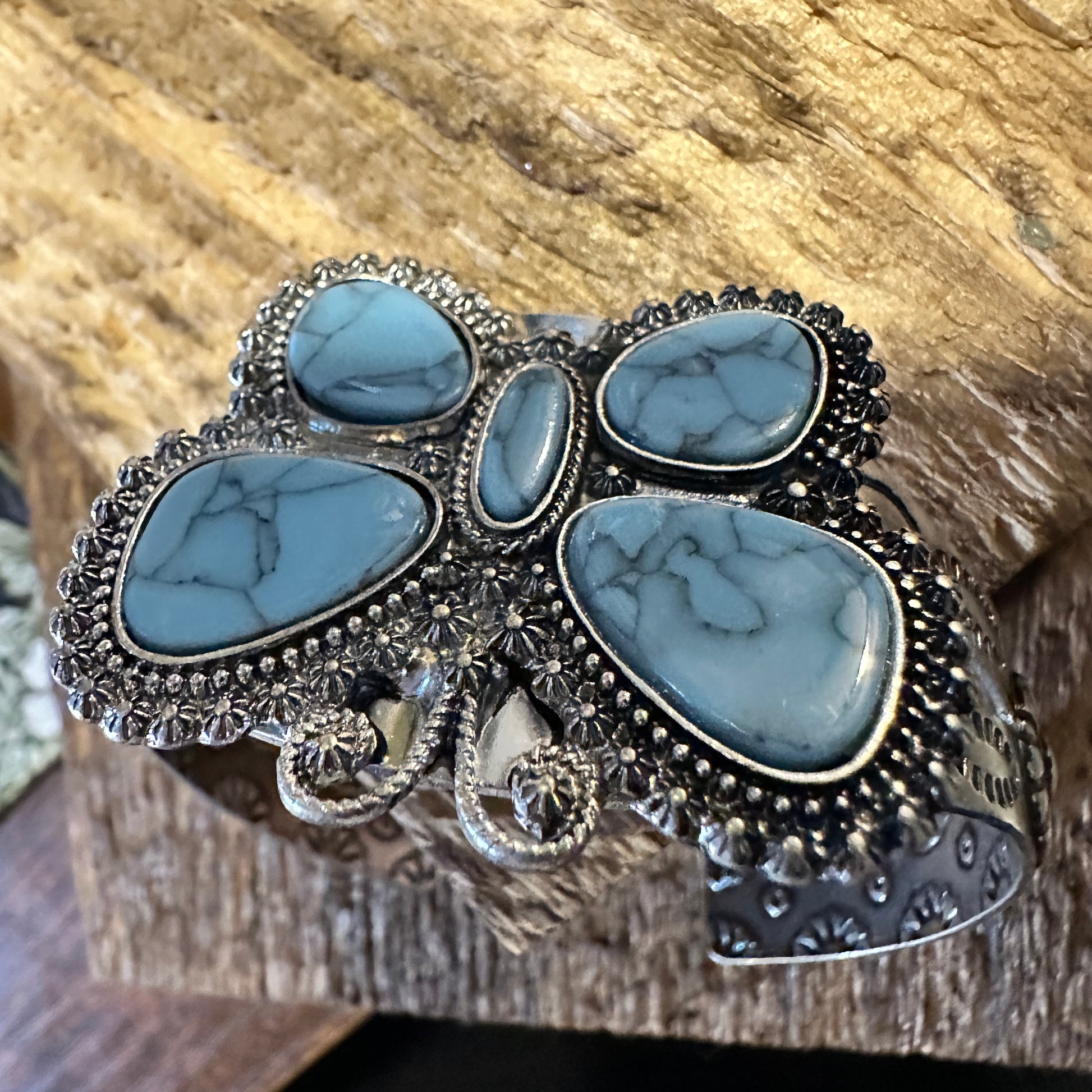 Boho Vintage Chic Southwestern Butterfly Cuff Bracelet, Turquoise Stone, Gift Box - Silver Elegant