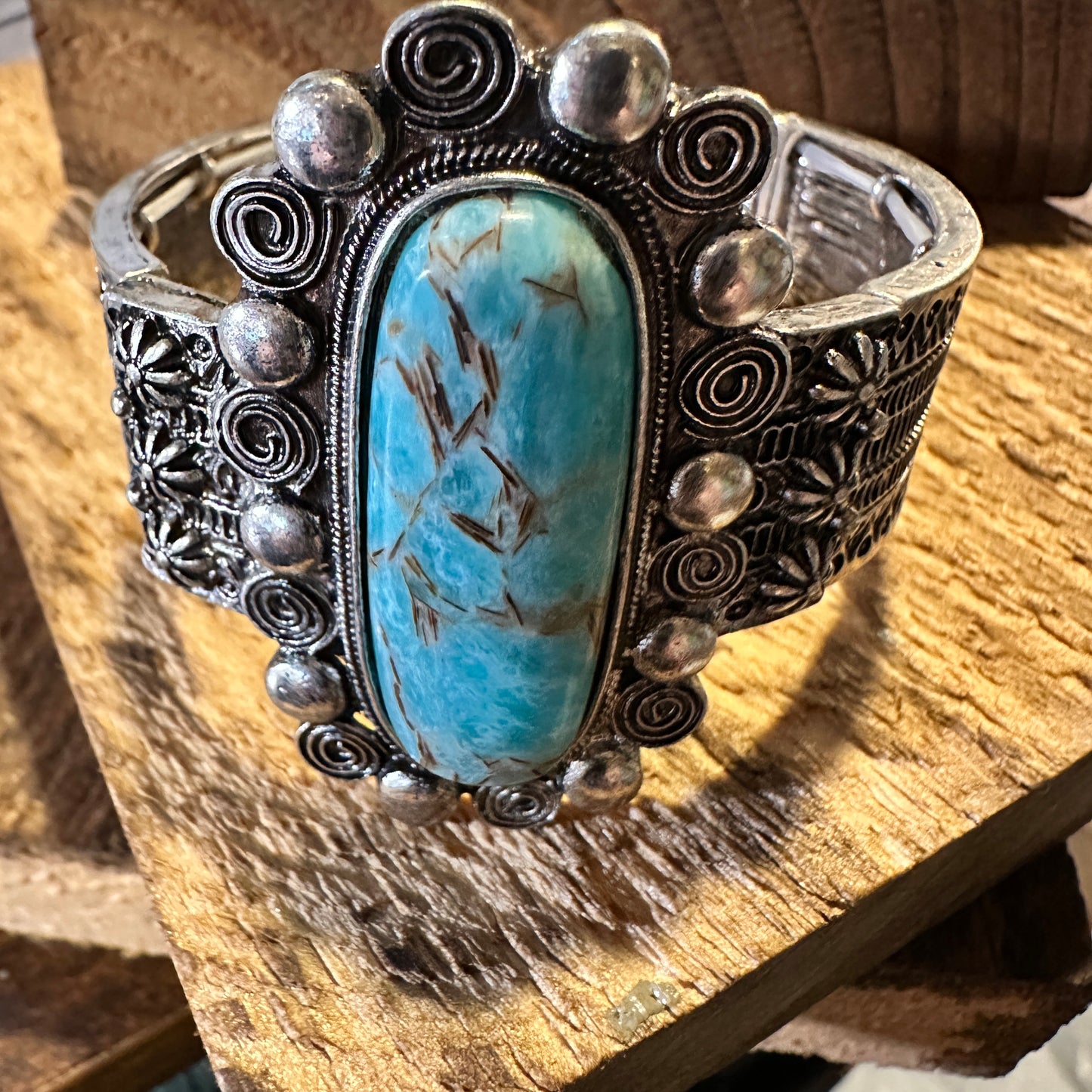 Boho Vintage Chic Southwestern Scroll Elastic Cuff Bracelet, Turquoise Stone, Gift Box - Silver Elegant