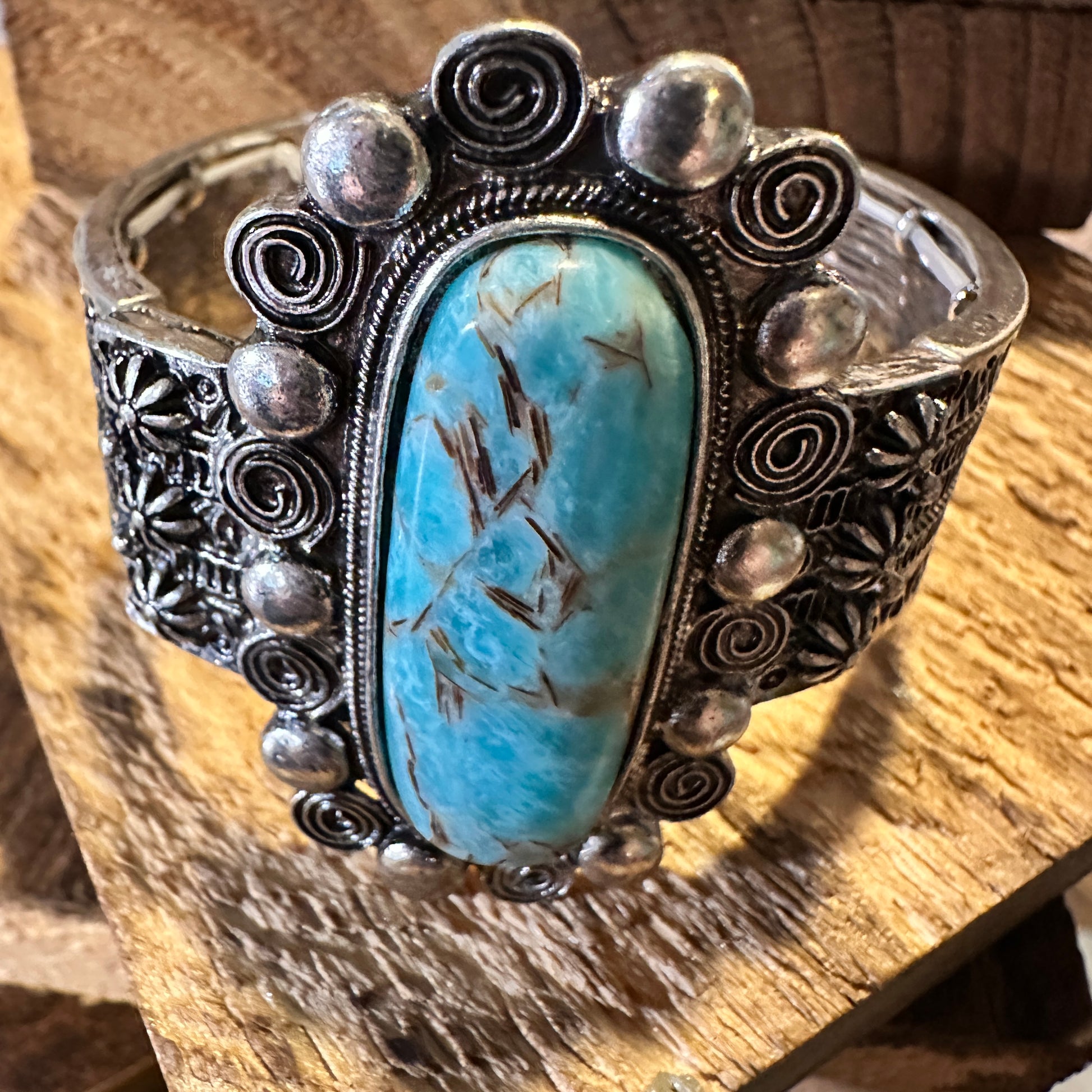 Boho Vintage Chic Southwestern Scroll Elastic Cuff Bracelet, Turquoise Stone, Gift Box - Silver Elegant