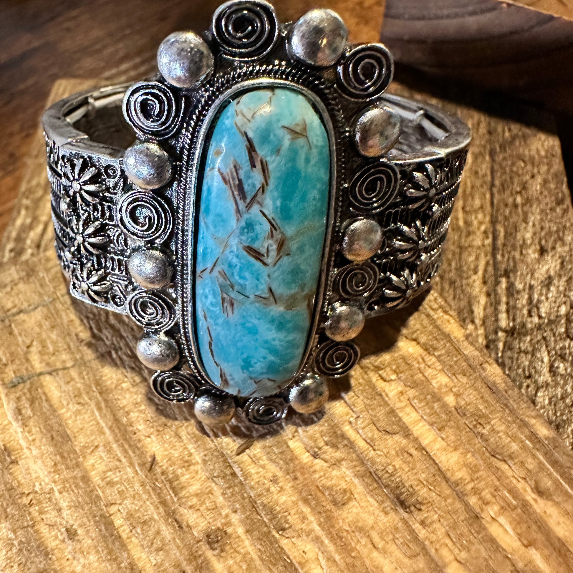 Boho Vintage Chic Southwestern Scroll Elastic Cuff Bracelet, Turquoise Stone, Gift Box - Silver Elegant