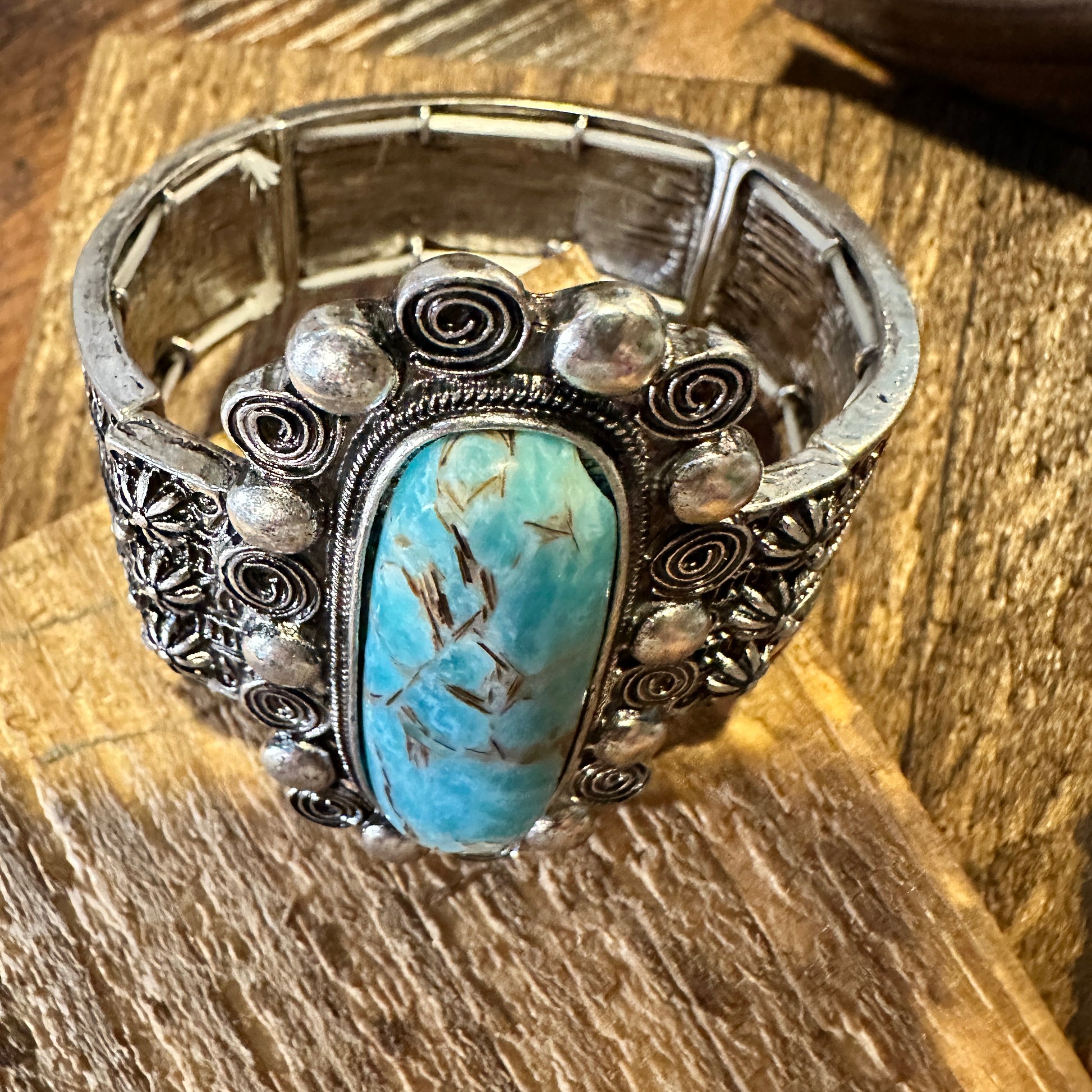 Boho Vintage Chic Southwestern Scroll Elastic Cuff Bracelet, Turquoise Stone, Gift Box - Silver Elegant