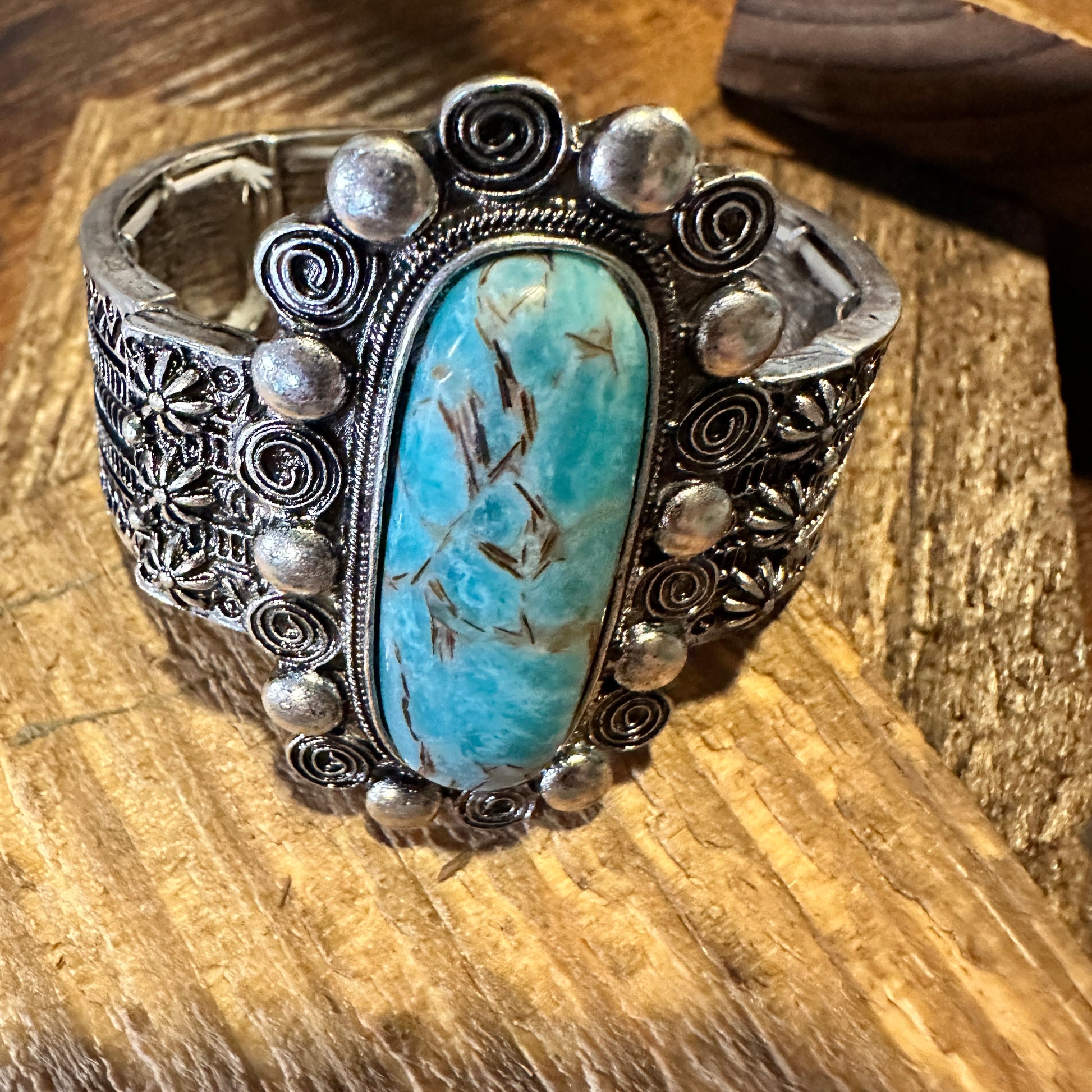 Boho Vintage Chic Southwestern Scroll Elastic Cuff Bracelet, Turquoise Stone, Gift Box - Silver Elegant