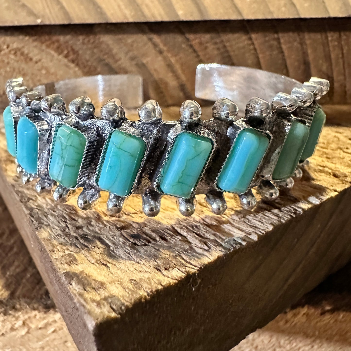 Boho Chic Vintage Southwestern Hippie Open Cuff Bangle, Turquoise Stone, Gift Box - Silver Elegant